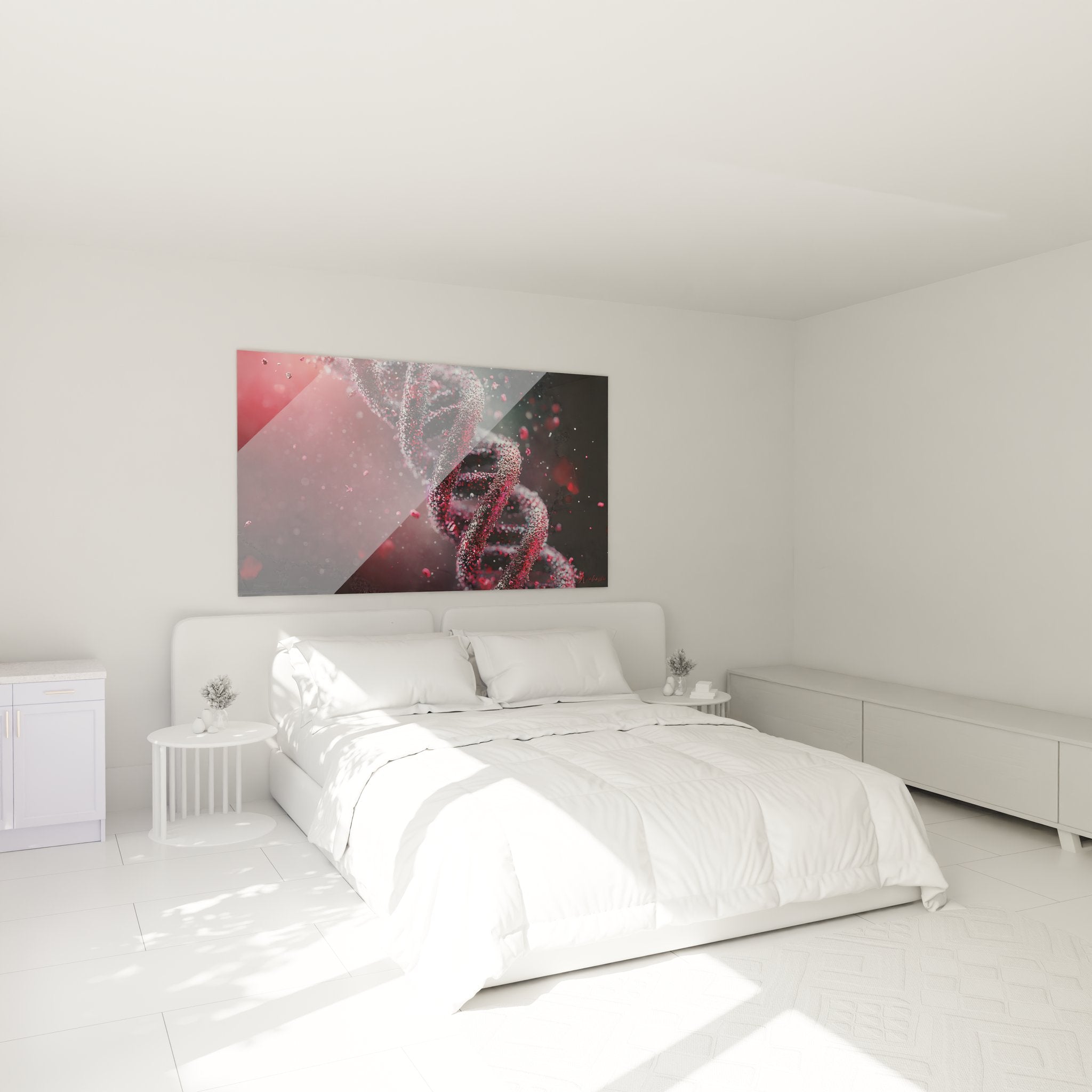 Tableau hélice ADN rouge installé dans une chambre moderne créant une ambiance scientifique élégante