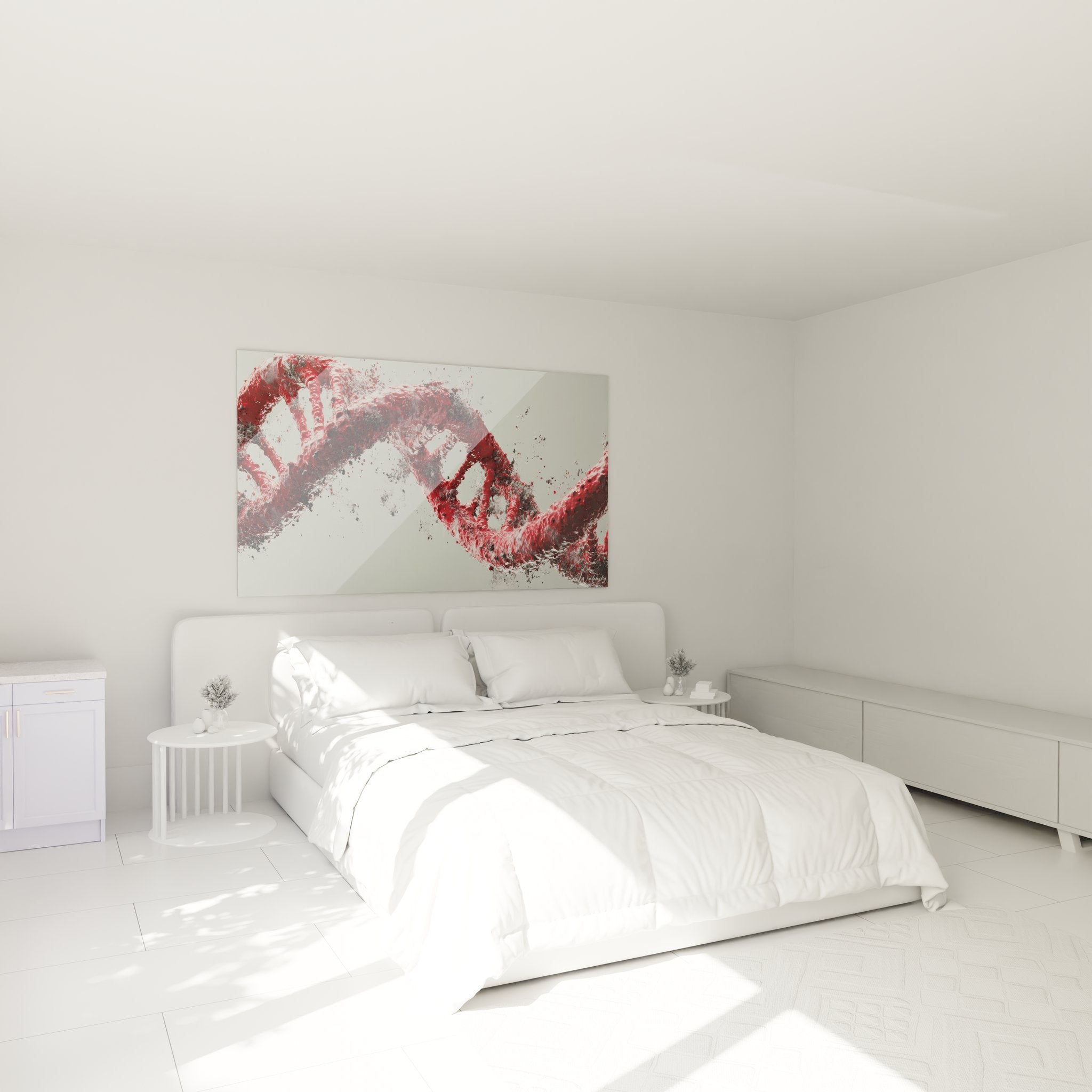 Ambiance chambre avec tableau ADN explosante rouge créant une décoration murale moderne et scientifique