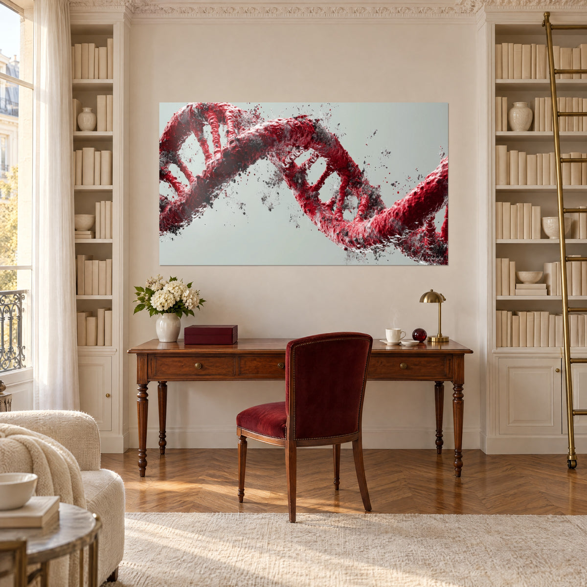 Wall art vermilion DNA structure textured with grey ash on a celadon background, above a wooden desk and bookshelves