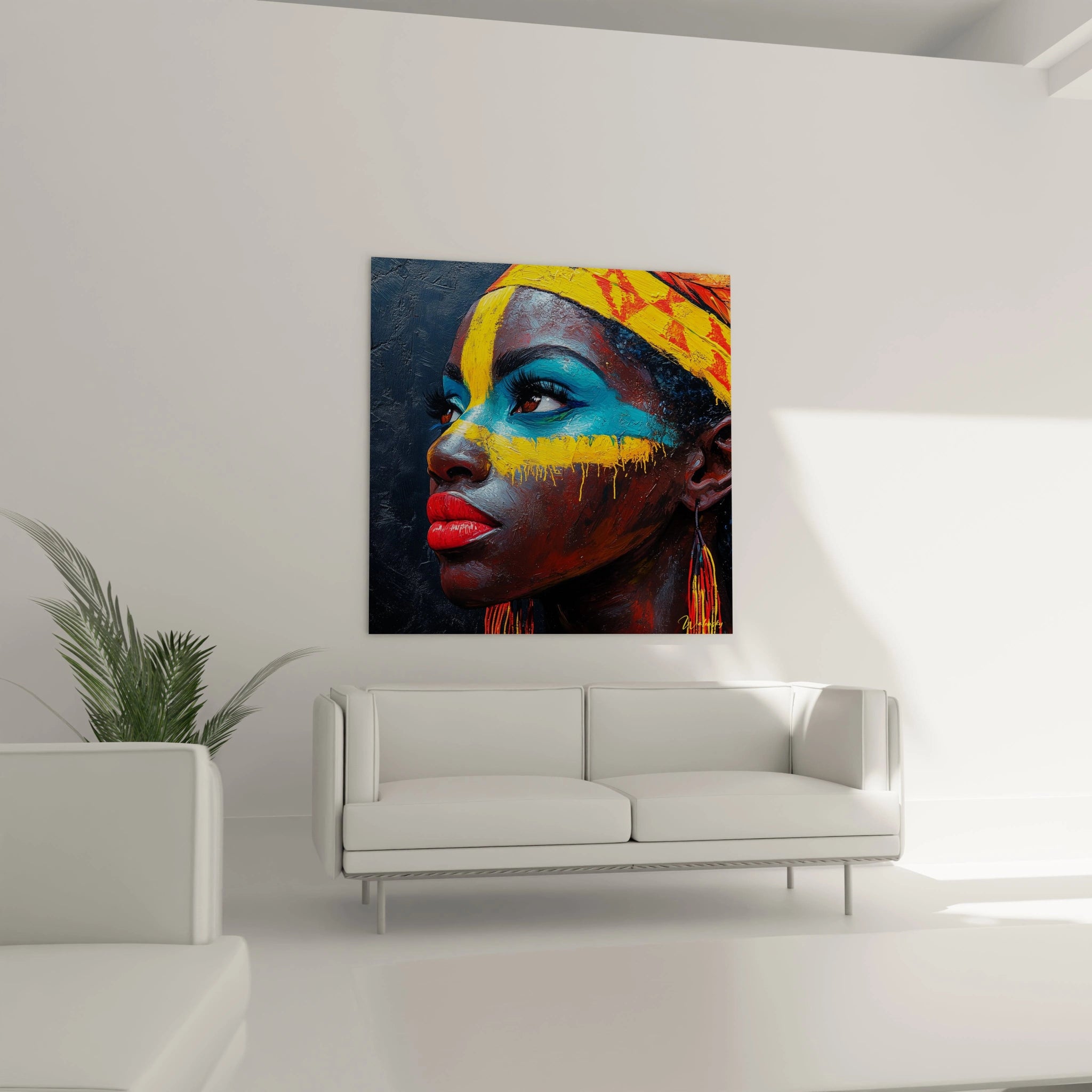 Tableau africain mural coloré visage femme avec maquillage bleu et jaune salon moderne