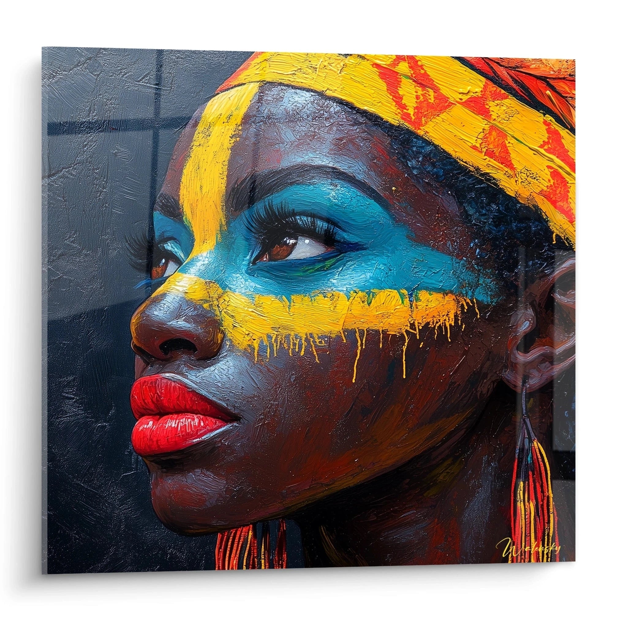 Tableau africain mural Walensky portrait femme noire peinture colorée avec maquillage tribal et foulard jaune rouge