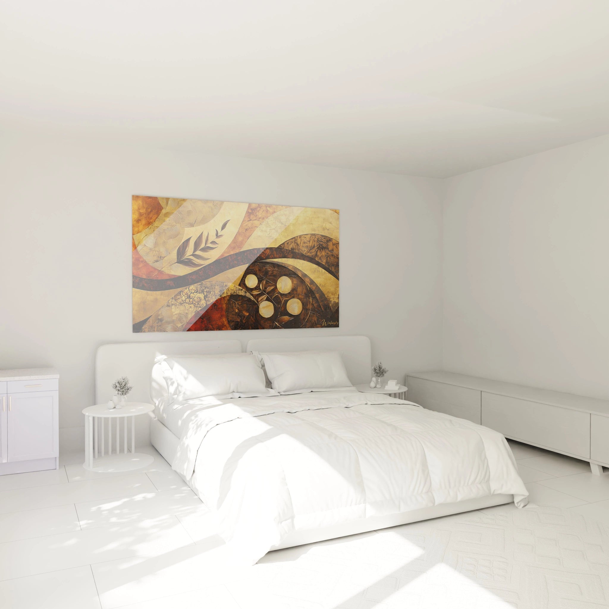 Tableau africain mural Walensky avec motifs abstraits et couleurs chaudes dans une chambre moderne