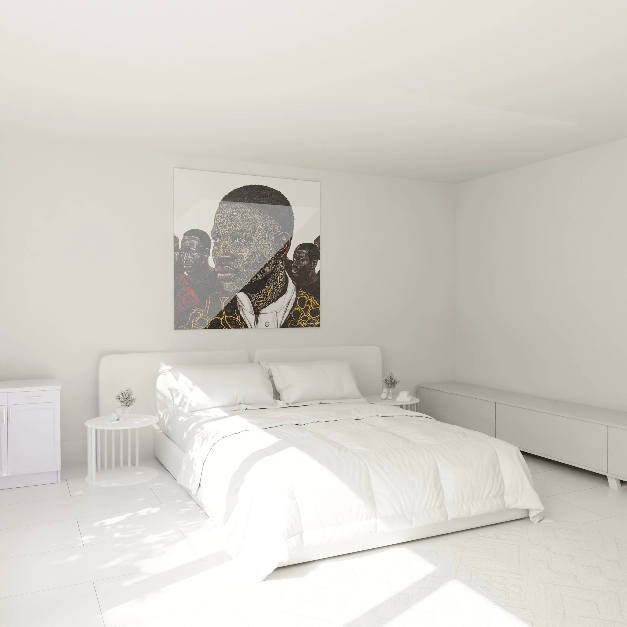 Tableau africain mural de Walensky représentant un portrait artistique accroché au-dessus d'un lit dans une chambre moderne blanche