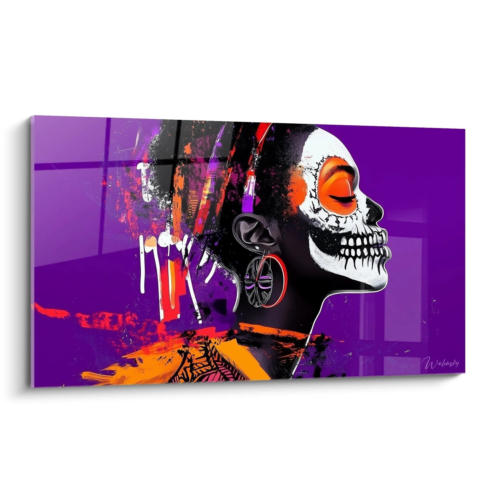 Tableau africain mural Walensky représentant un portrait coloré d'une femme avec maquillage de crâne sur fond violet