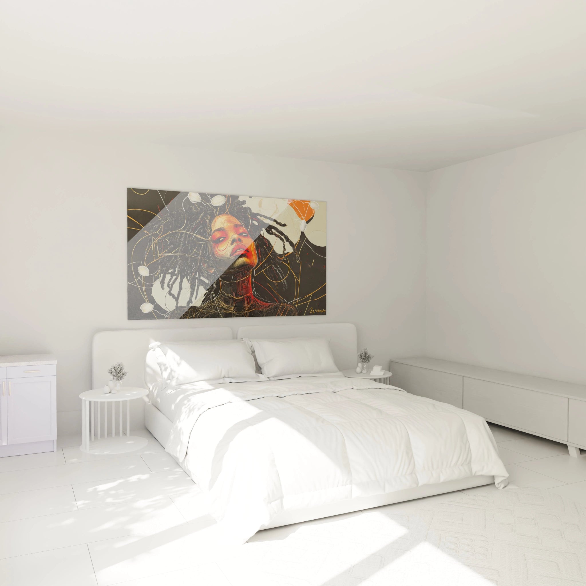 Tableau africain mural Walensky représentant un portrait artistique coloré d'une femme dans une chambre lumineuse
