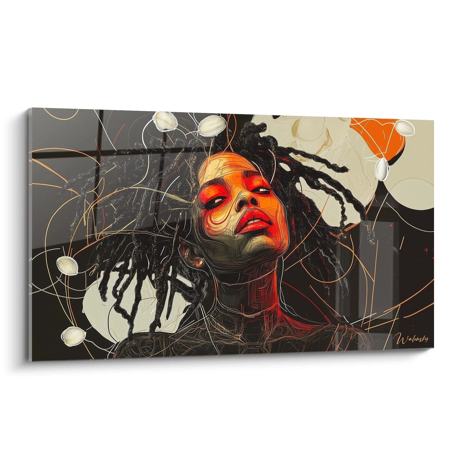 Tableau africain mural Walensky portrait artistique femme aux dreadlocks couleurs chaudes