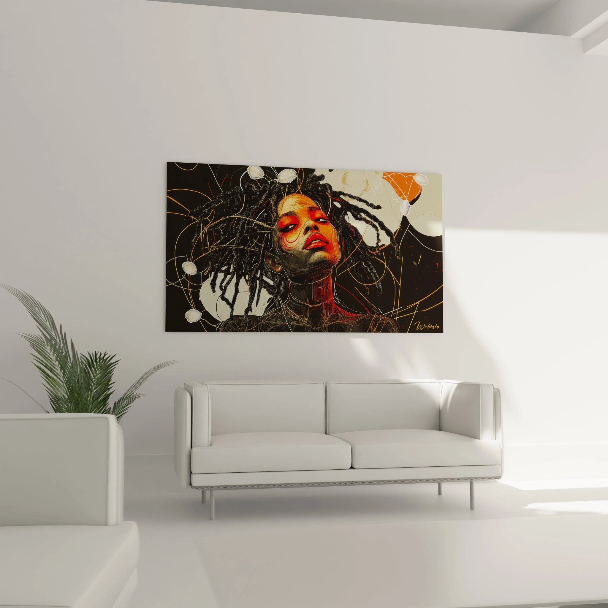 Tableau africain mural Walensky représentant un portrait coloré d'une femme avec des cheveux tressés, décor moderne