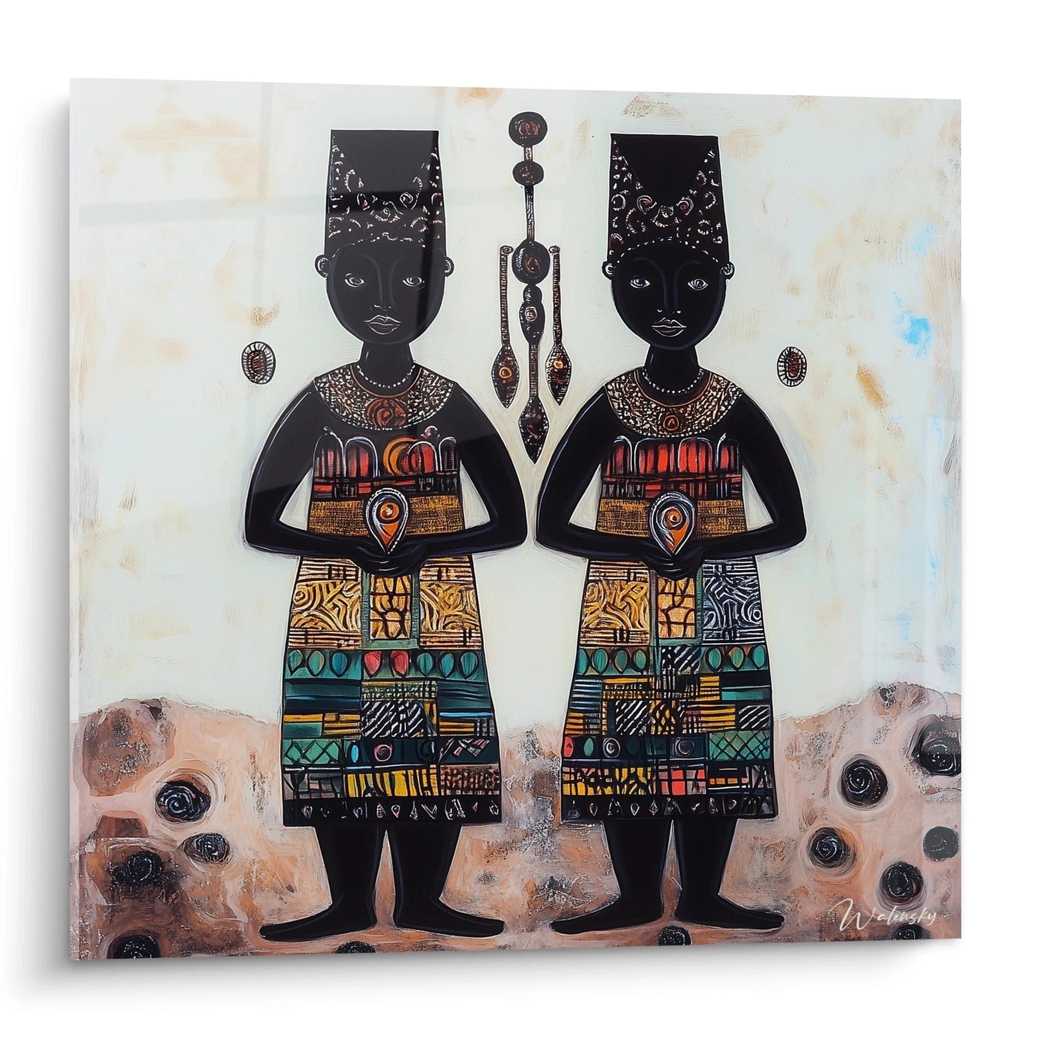 Tableau africain mural Walensky représentant deux figures féminines stylisées aux robes colorées et bijoux traditionnels