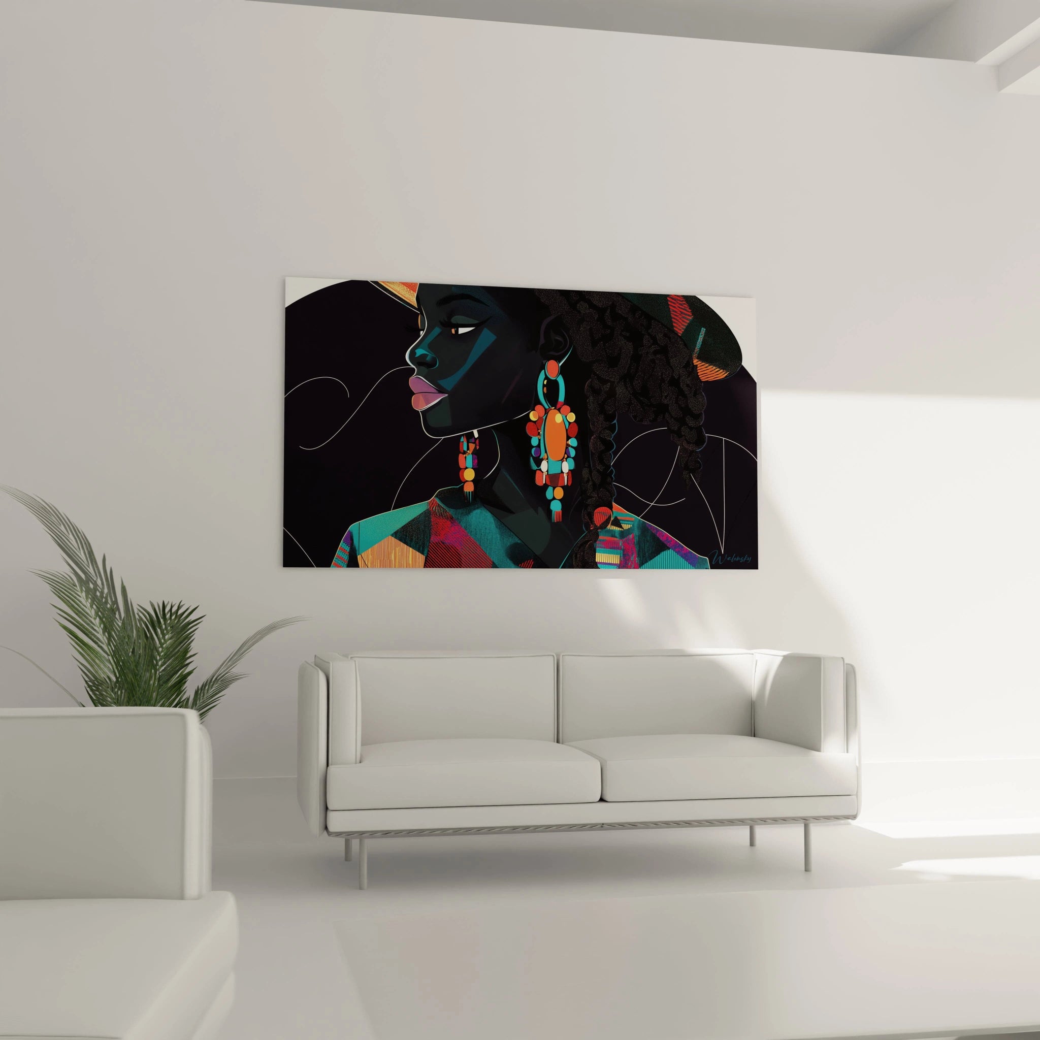 Tableau africain mural Walensky avec perroquet coloré sur fond végétal vibrant dans un salon moderne