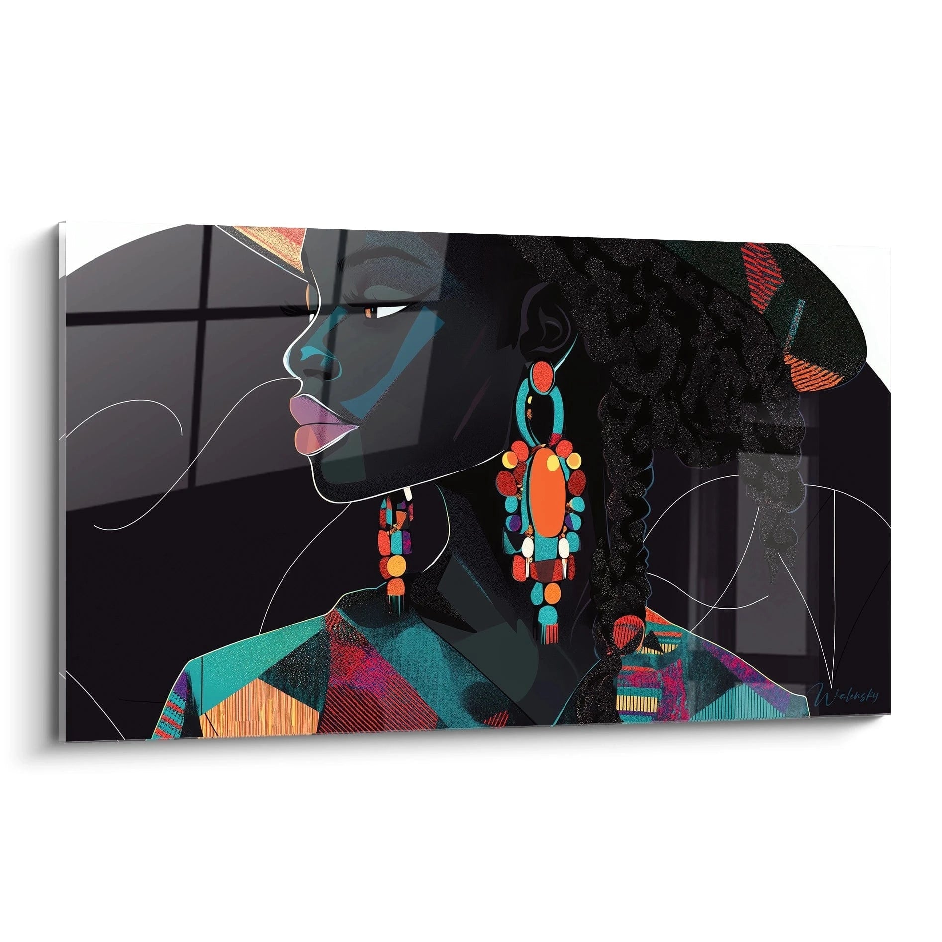 Tableau africain mural de Walensky représentant une femme noire stylisée avec boucles d'oreilles colorées et vêtements vibrants