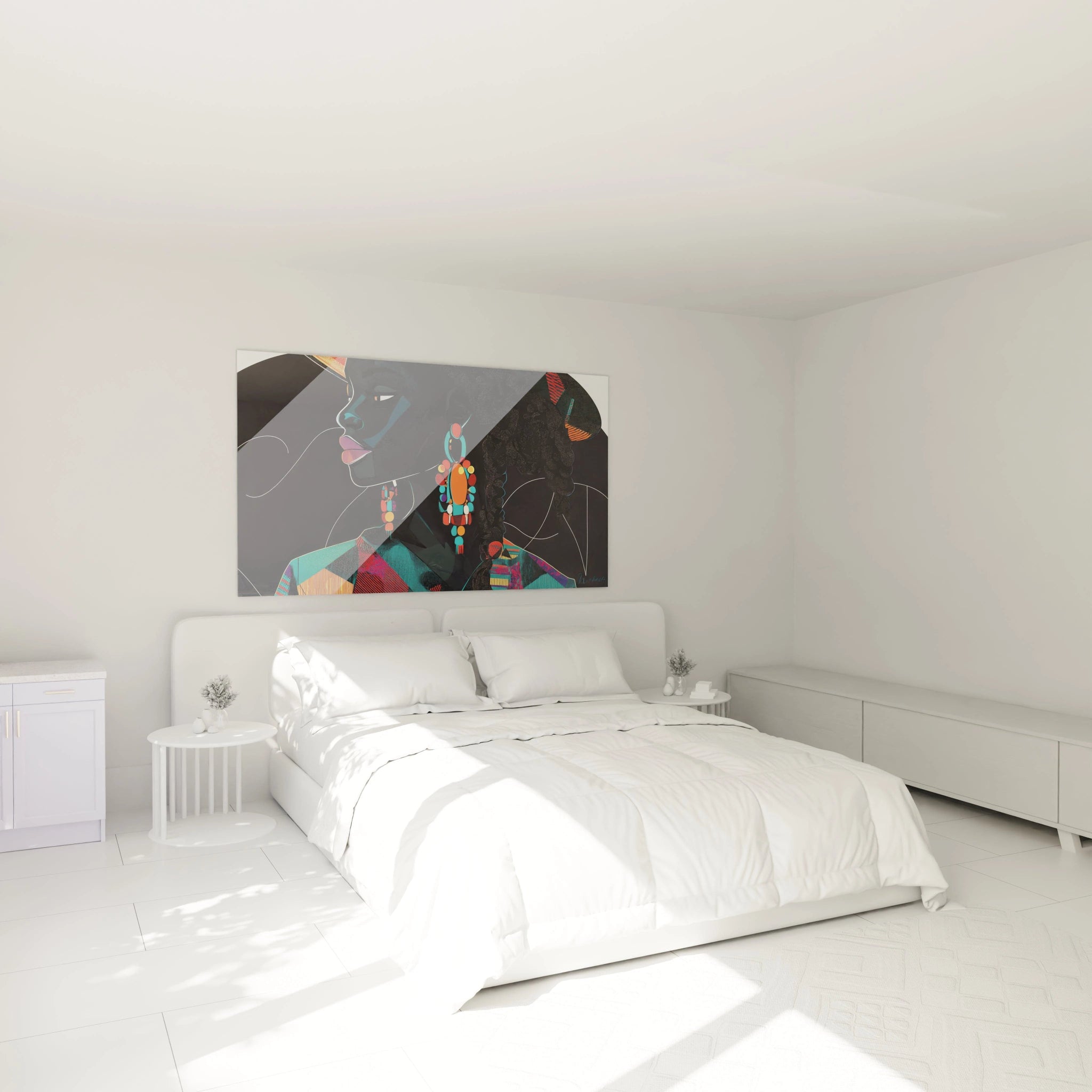 Tableau africain mural coloré Walensky décorant une chambre moderne avec lit blanc et meubles minimalistes