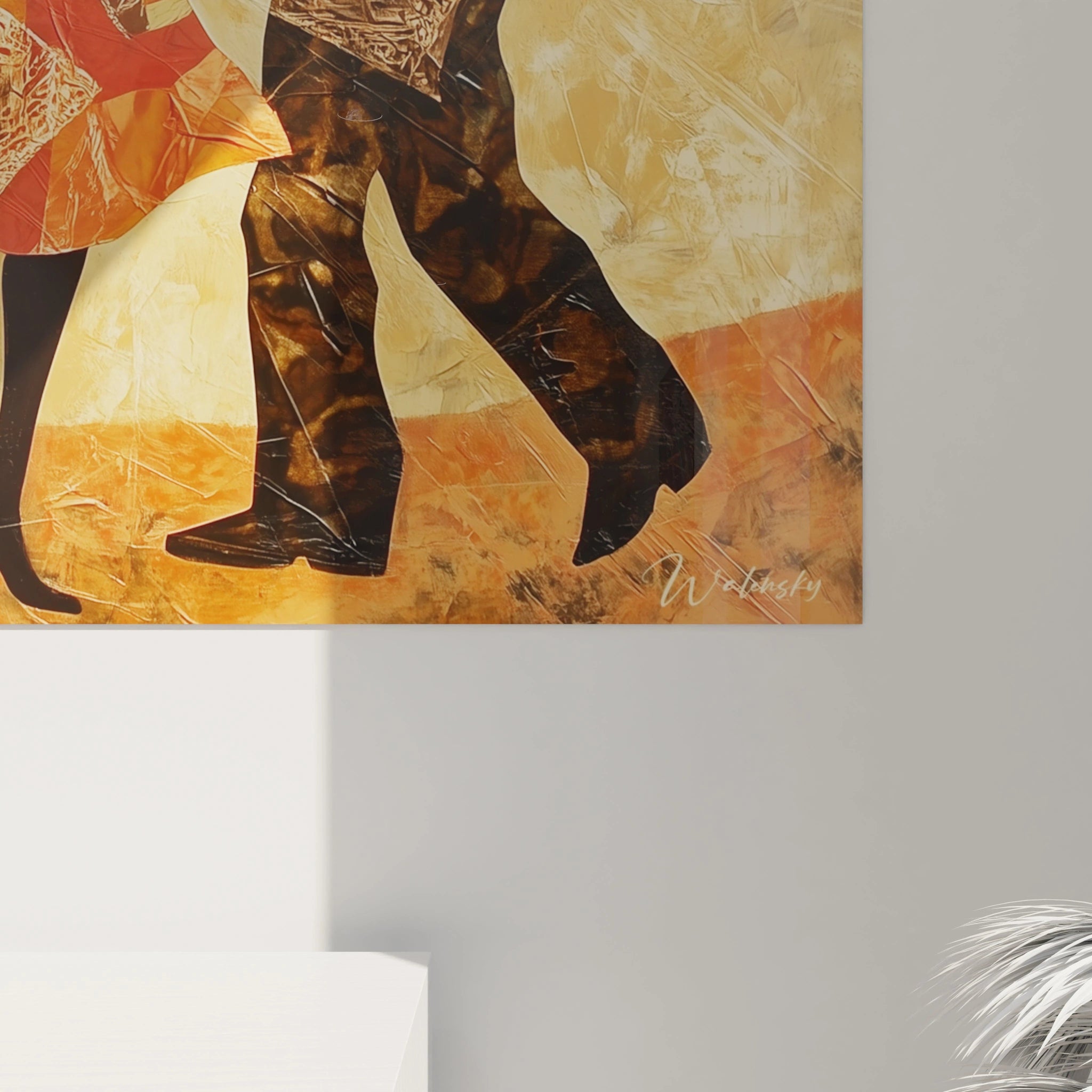Tableau africain mural Walensky représentant des jambes dansantes aux couleurs chaudes orangées et brunes