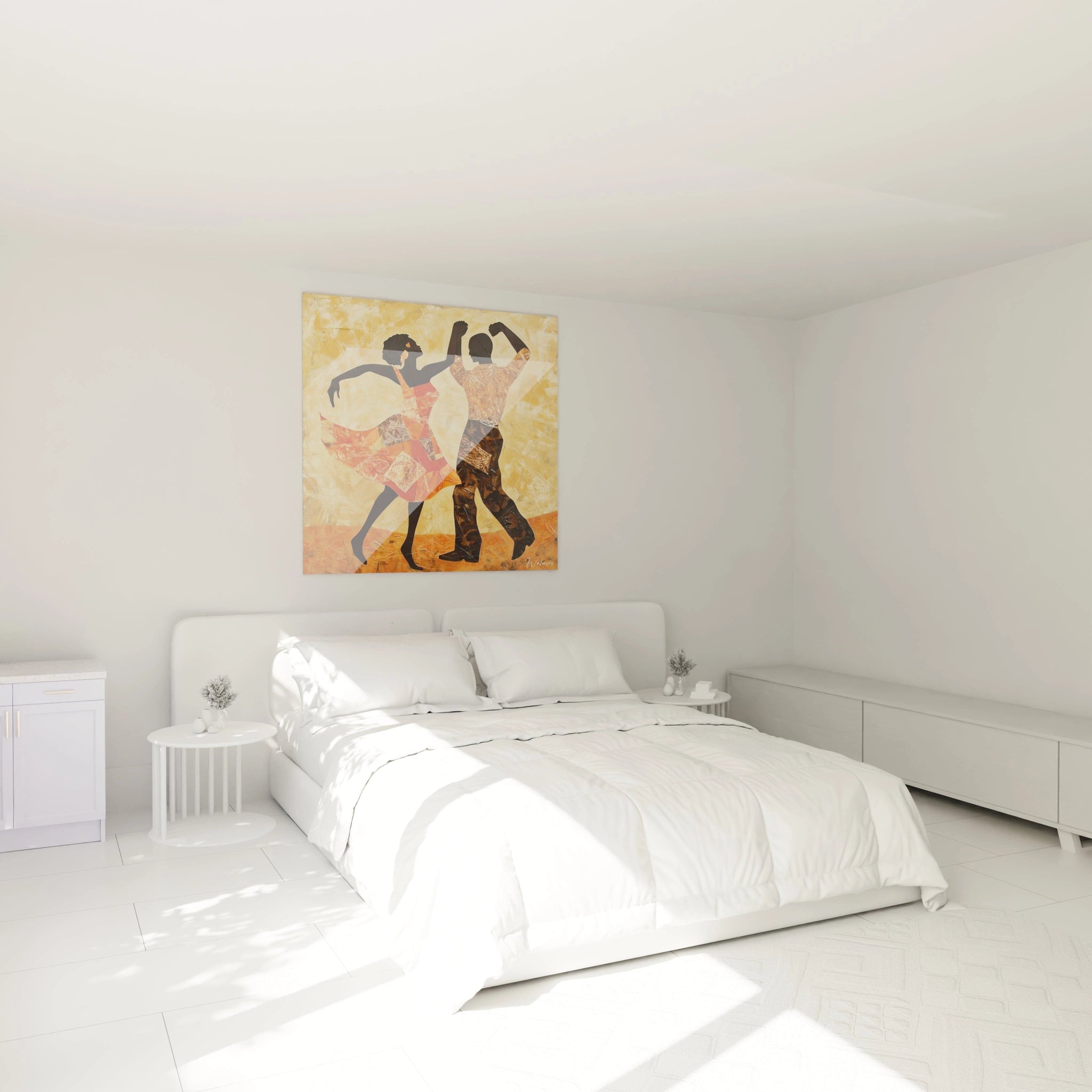 Tableau africain mural Walensky représentant un couple dansant dans une chambre blanche moderne