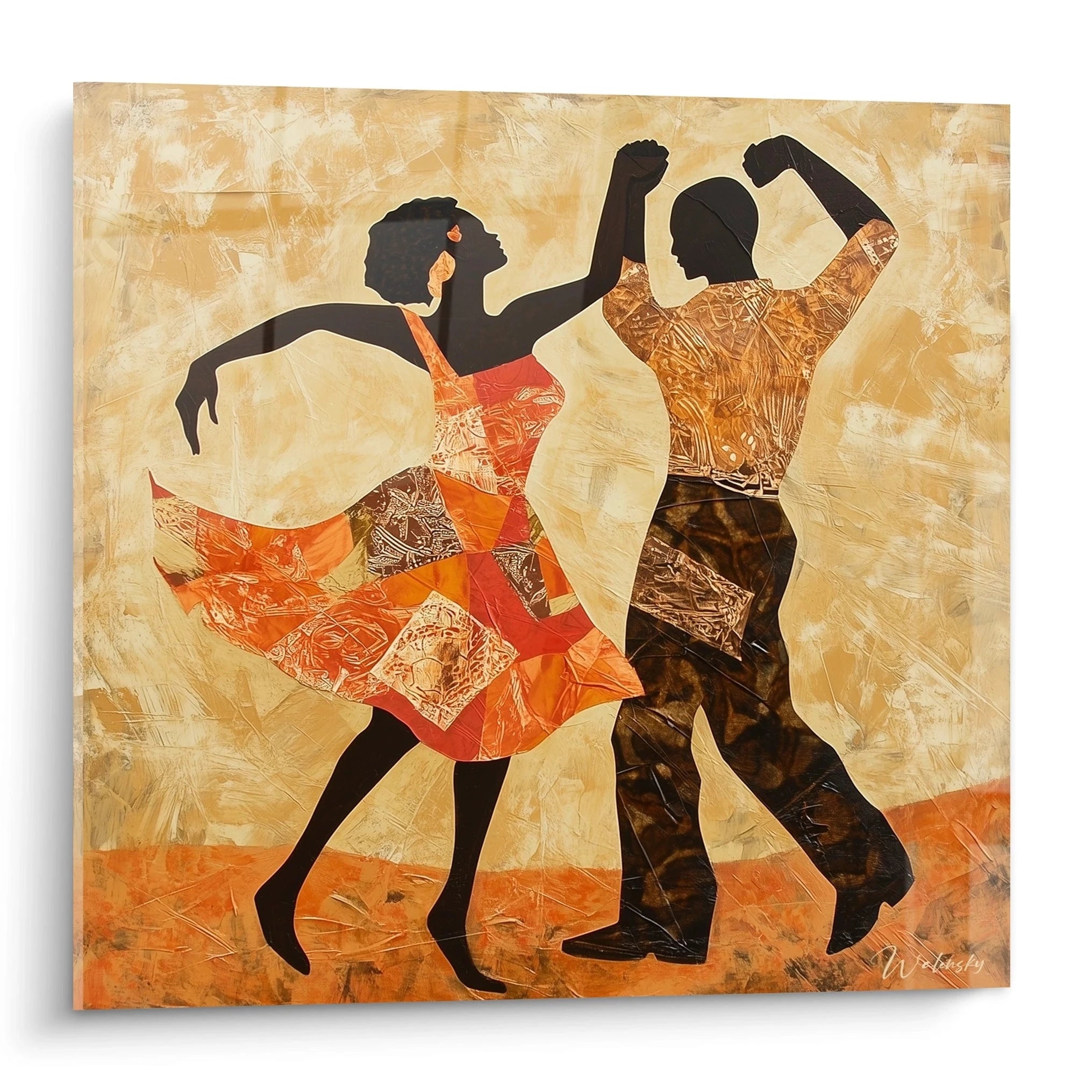 Tableau africain mural Walensky représentant un couple dansant aux silhouettes noires et vêtements colorés
