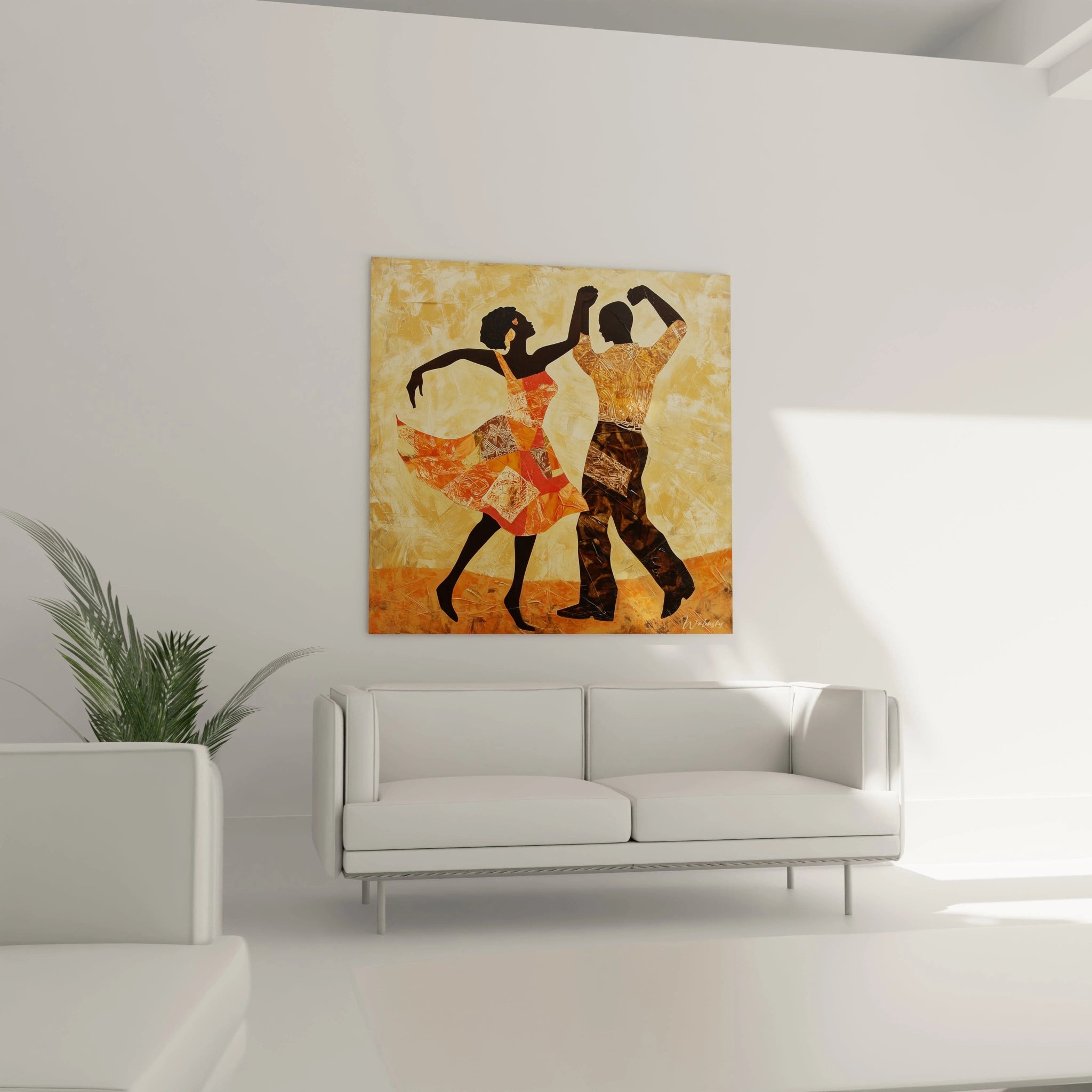 Tableau africain mural Walensky représentant un couple dansant en tenues colorées dans un salon moderne