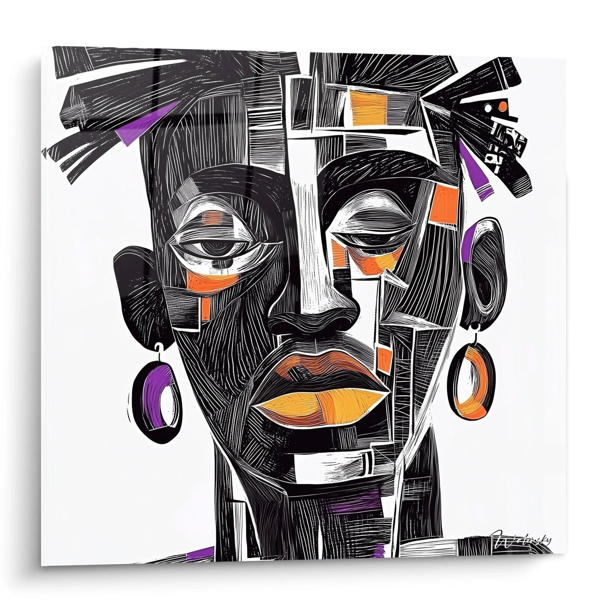 Tableau africain mural Walensky visage abstrait en noir blanc orange et violet