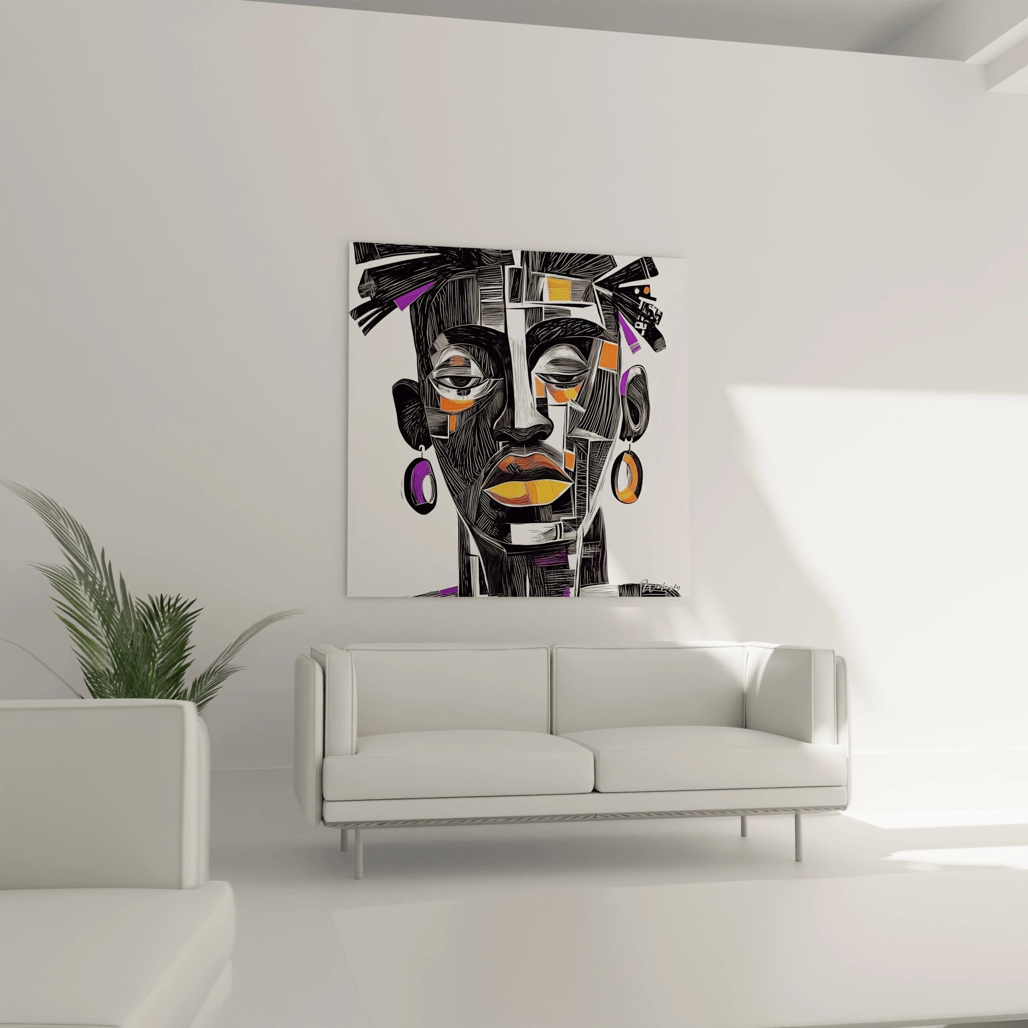 Tableau africain mural abstrait coloré représentant un visage féminin dans un salon moderne blanc
