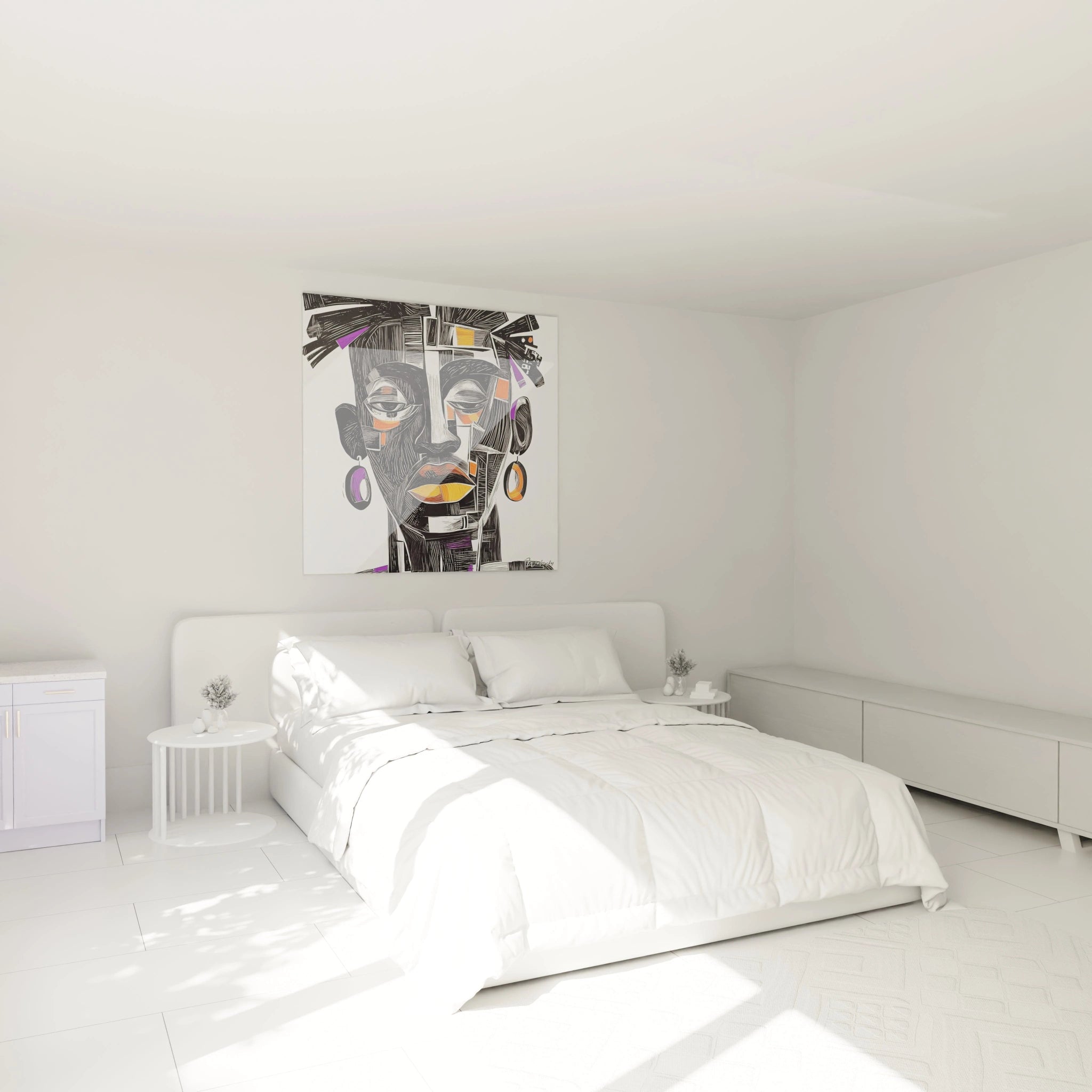Tableau africain mural Walensky avec portrait coloré accroché dans une chambre moderne lumineuse