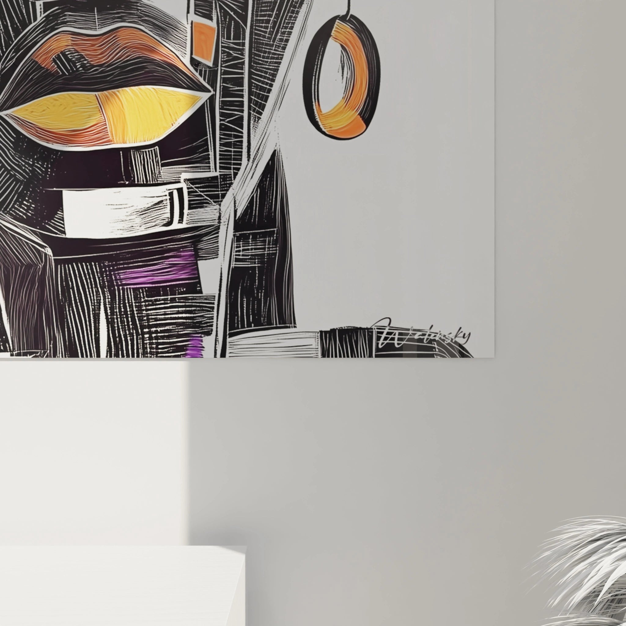 Tableau africain mural Walensky avec motifs colorés abstraits et détails en orange et violet