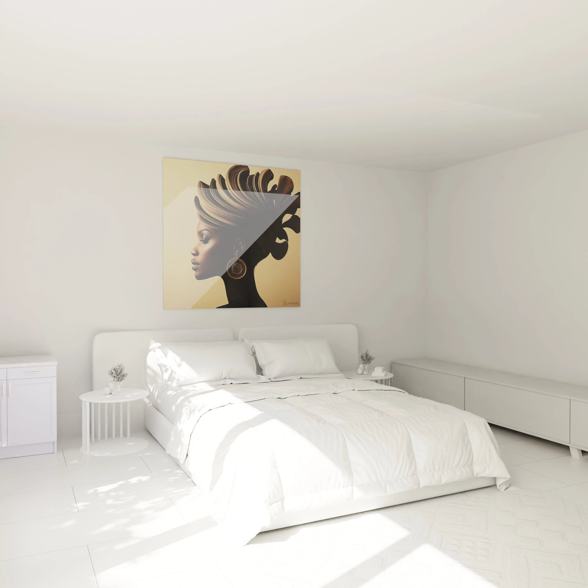 Tableau africain mural Walensky représentant un profil féminin avec coiffure traditionnelle dans une chambre minimaliste