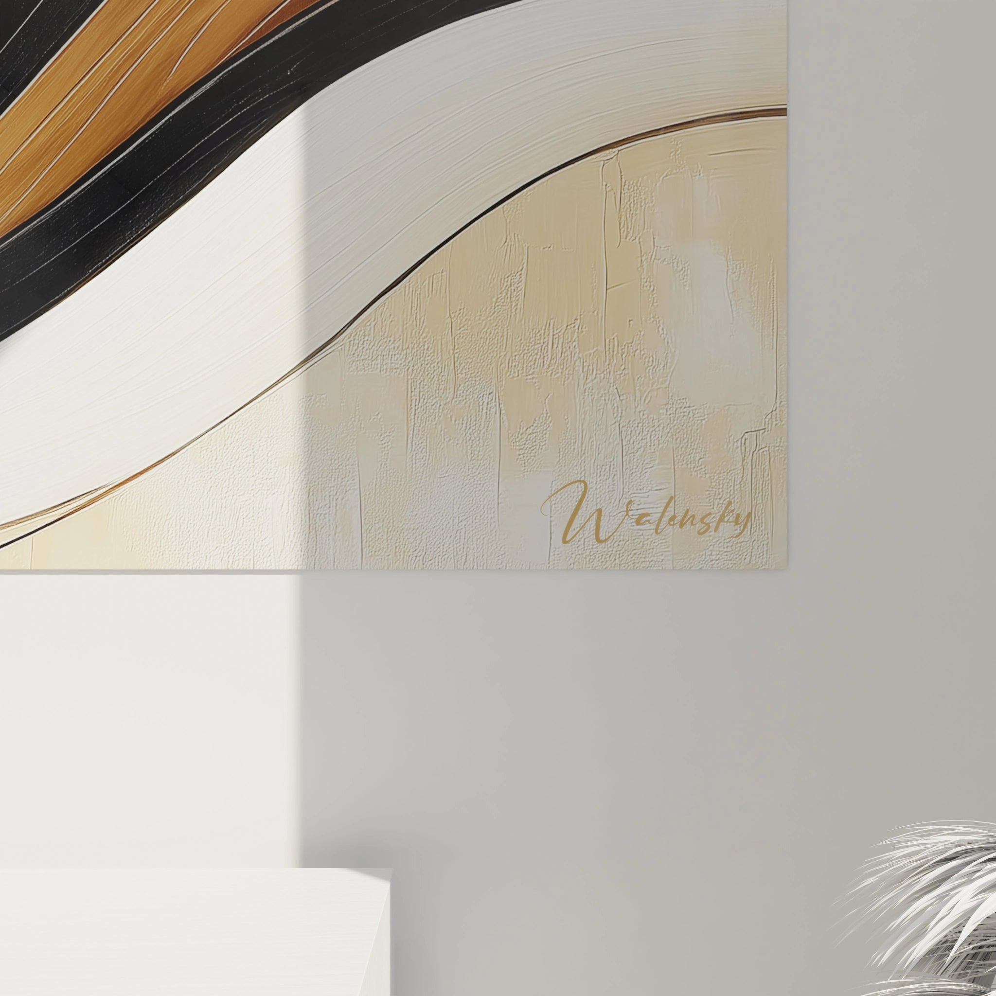 Tableau africain mural Walensky avec motifs ondulés noirs, blancs et beiges texturés