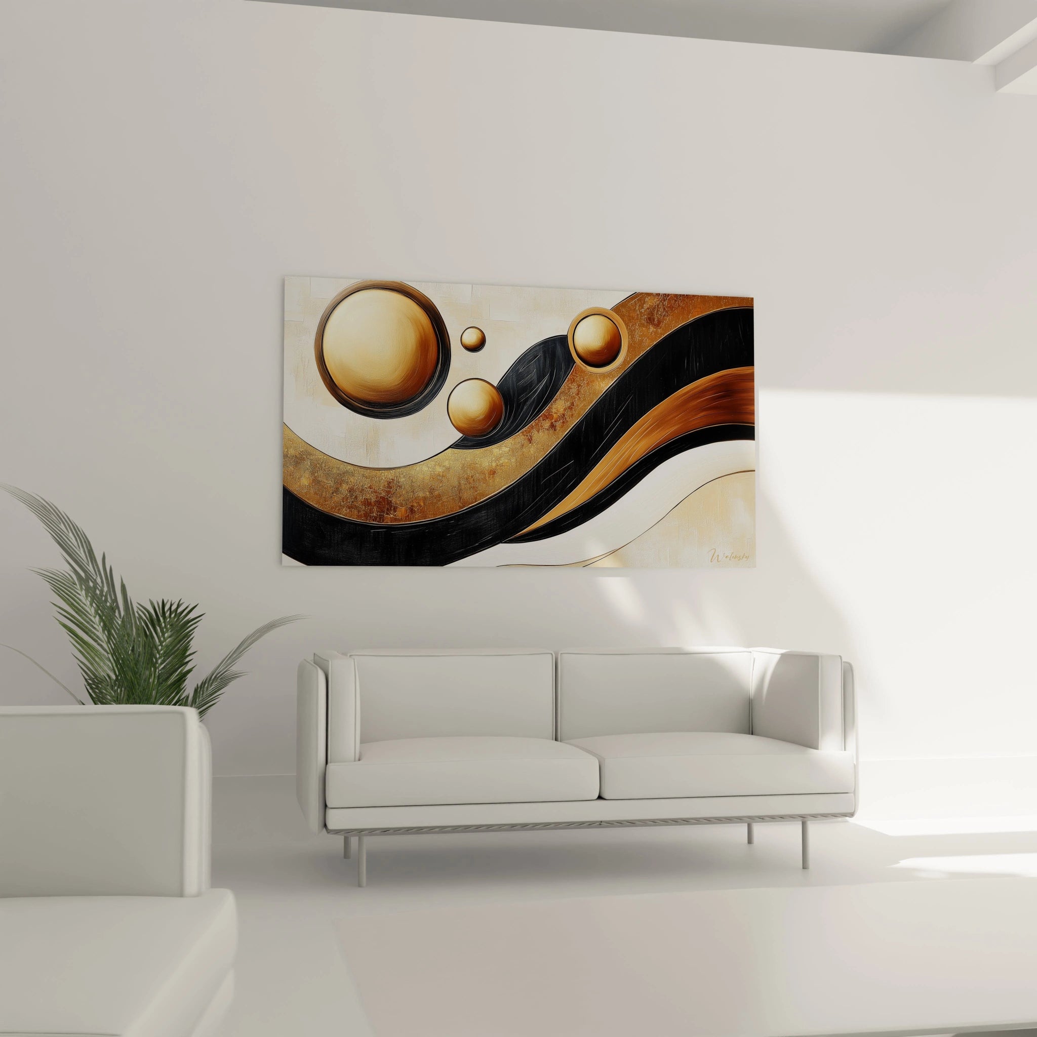 Tableau africain mural Walensky abstrait avec formes circulaires dorées et lignes ondulées noires et marron