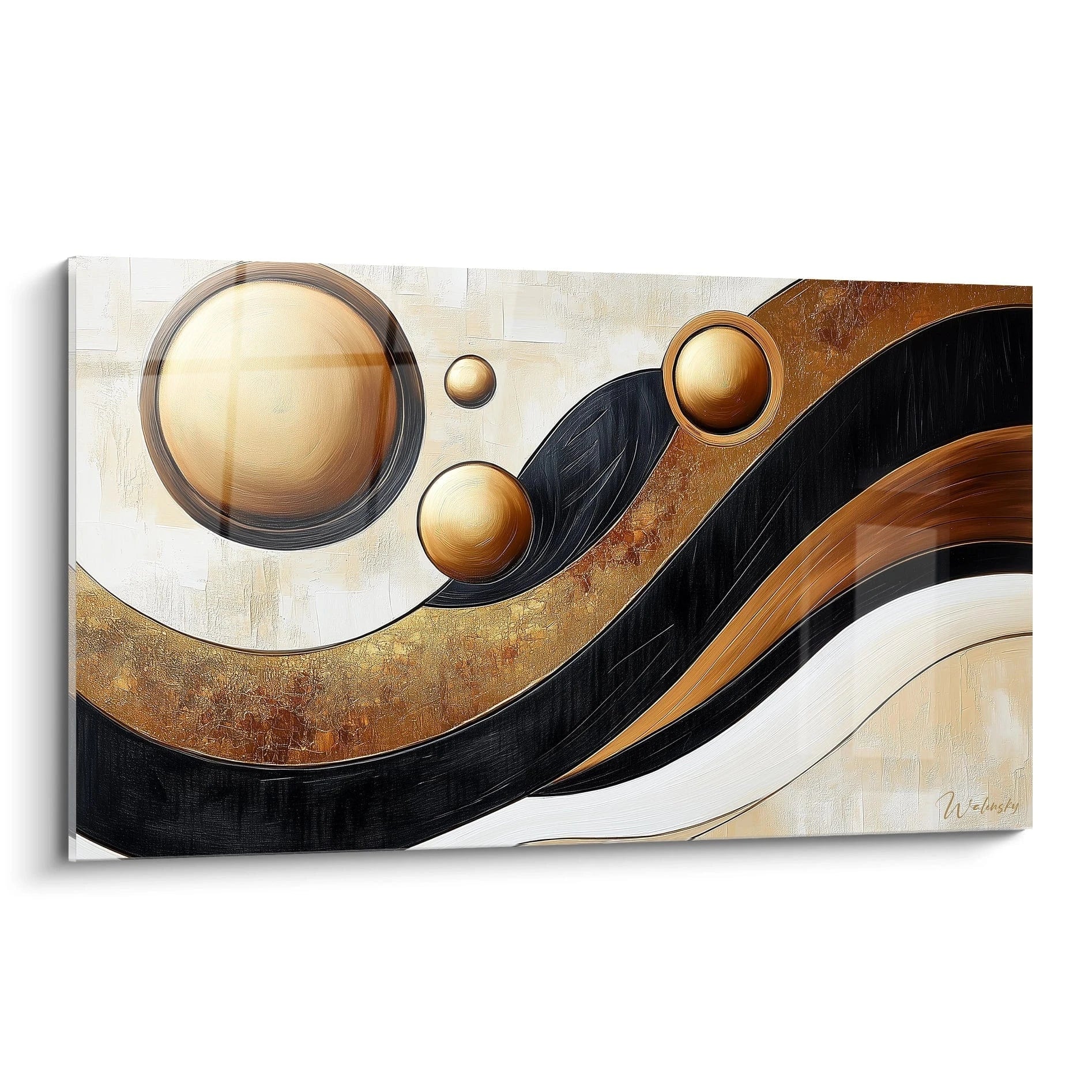 Tableau africain mural abstrait avec sphères dorées et formes ondulées noires et brunes par Walensky