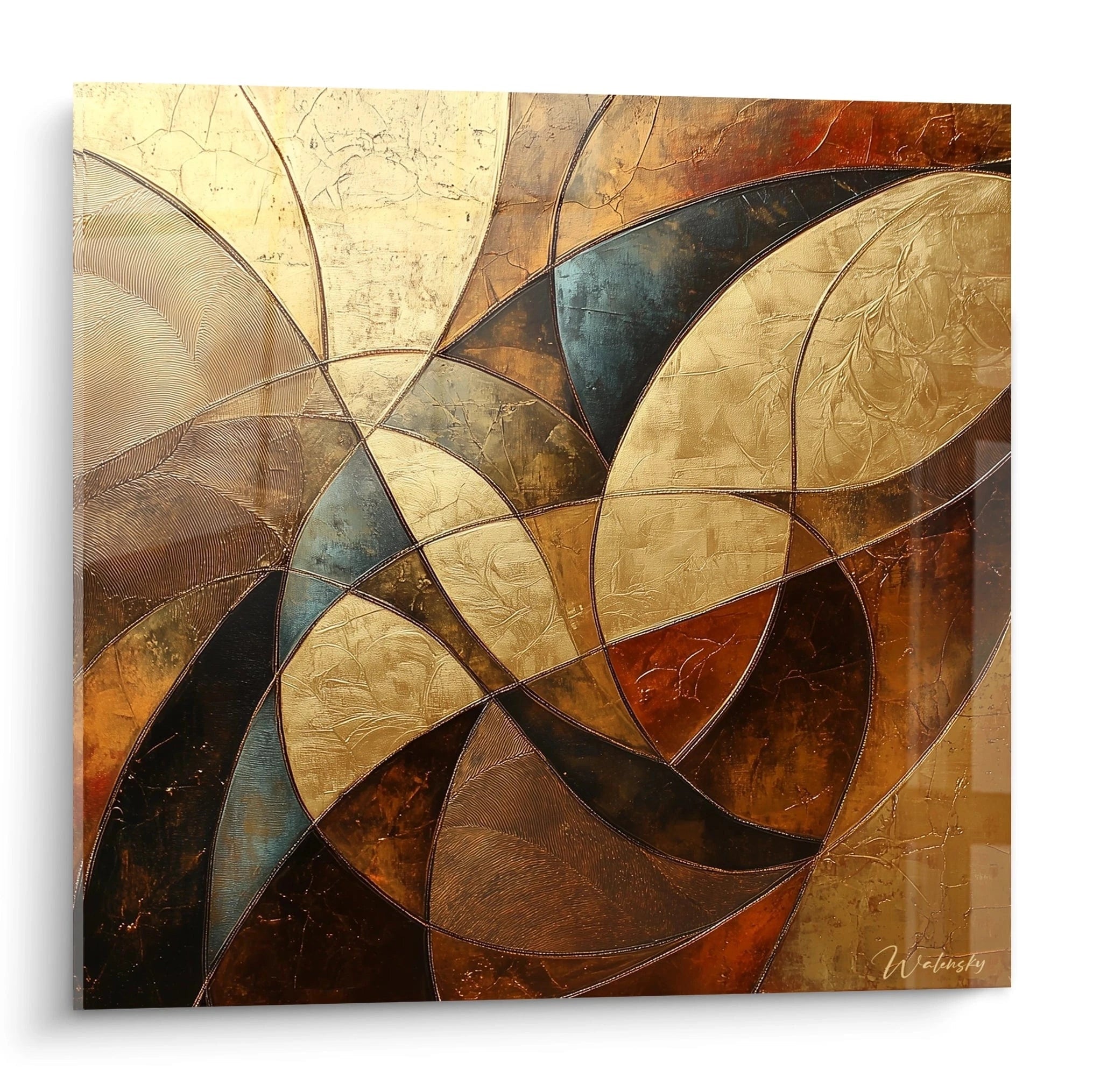 Tableau africain mural abstrait Walensky avec motifs géométriques en tons dorés et bruns