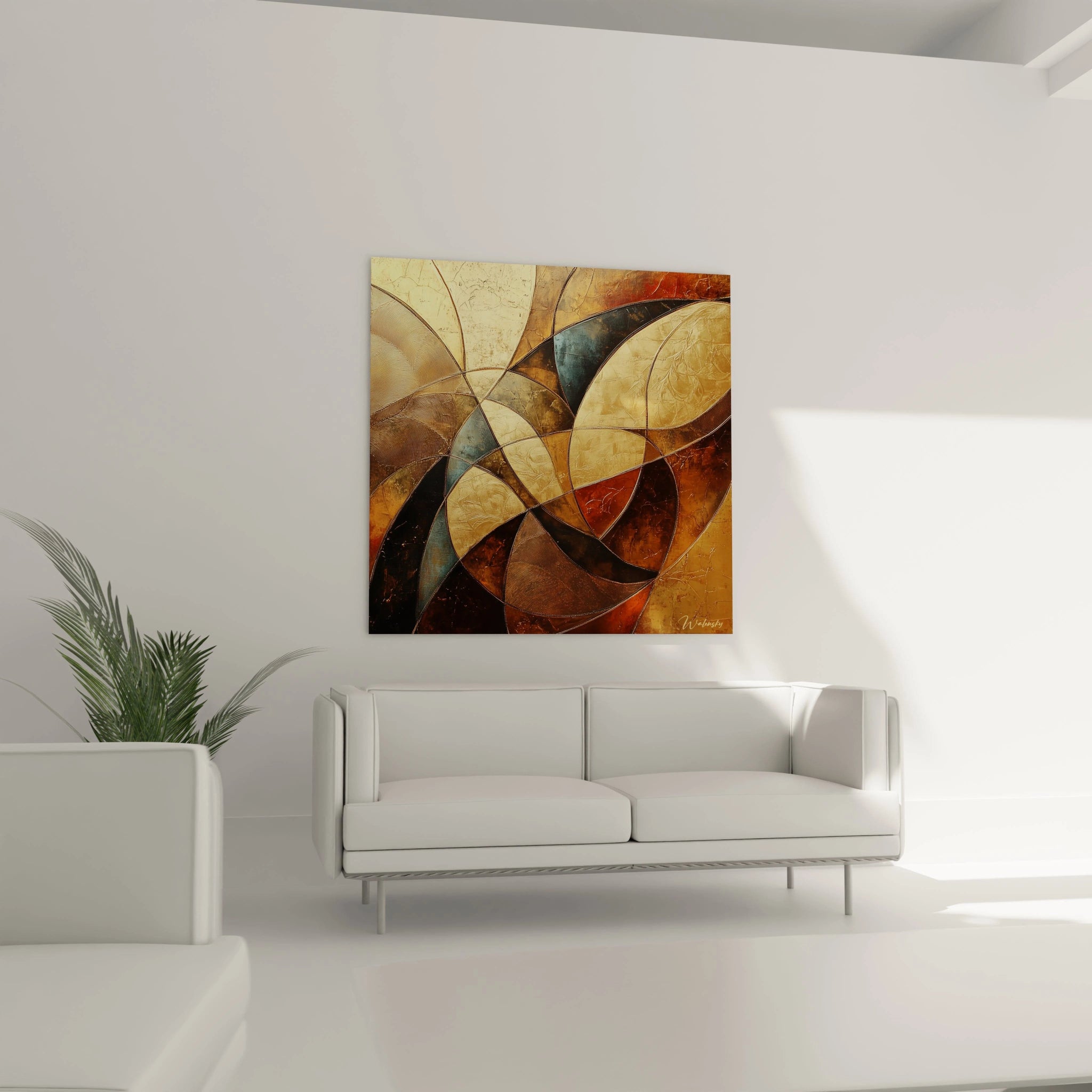 Tableau africain mural abstrait aux tons chauds accroché dans un salon moderne lumineux