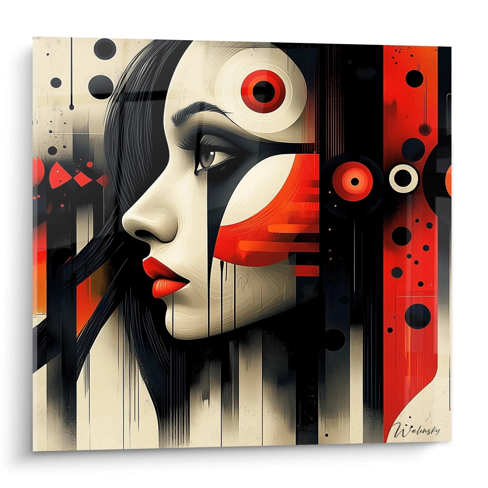 Tableau africain mural de Walensky visage de femme stylisé en rouge noir et beige moderne