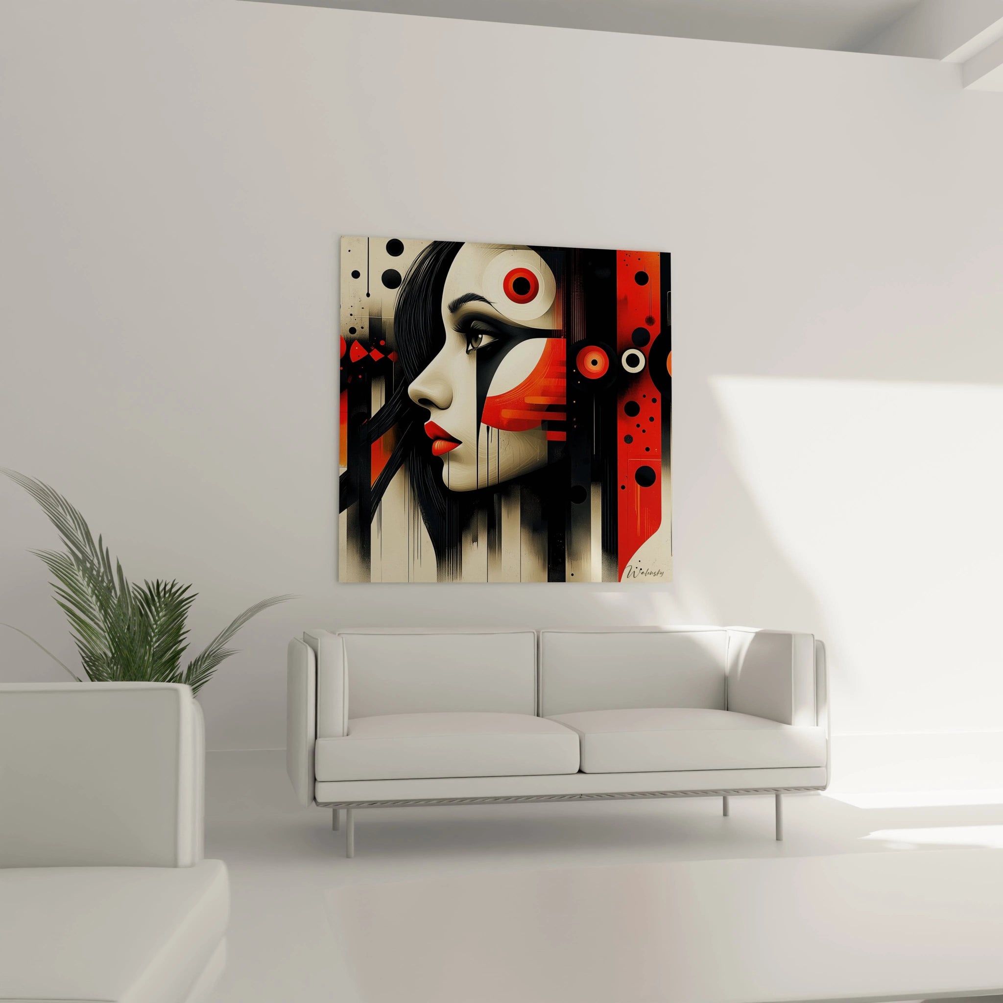 Tableau africain mural Walensky représentant un profil de femme stylisée en noir et rouge dans un salon moderne