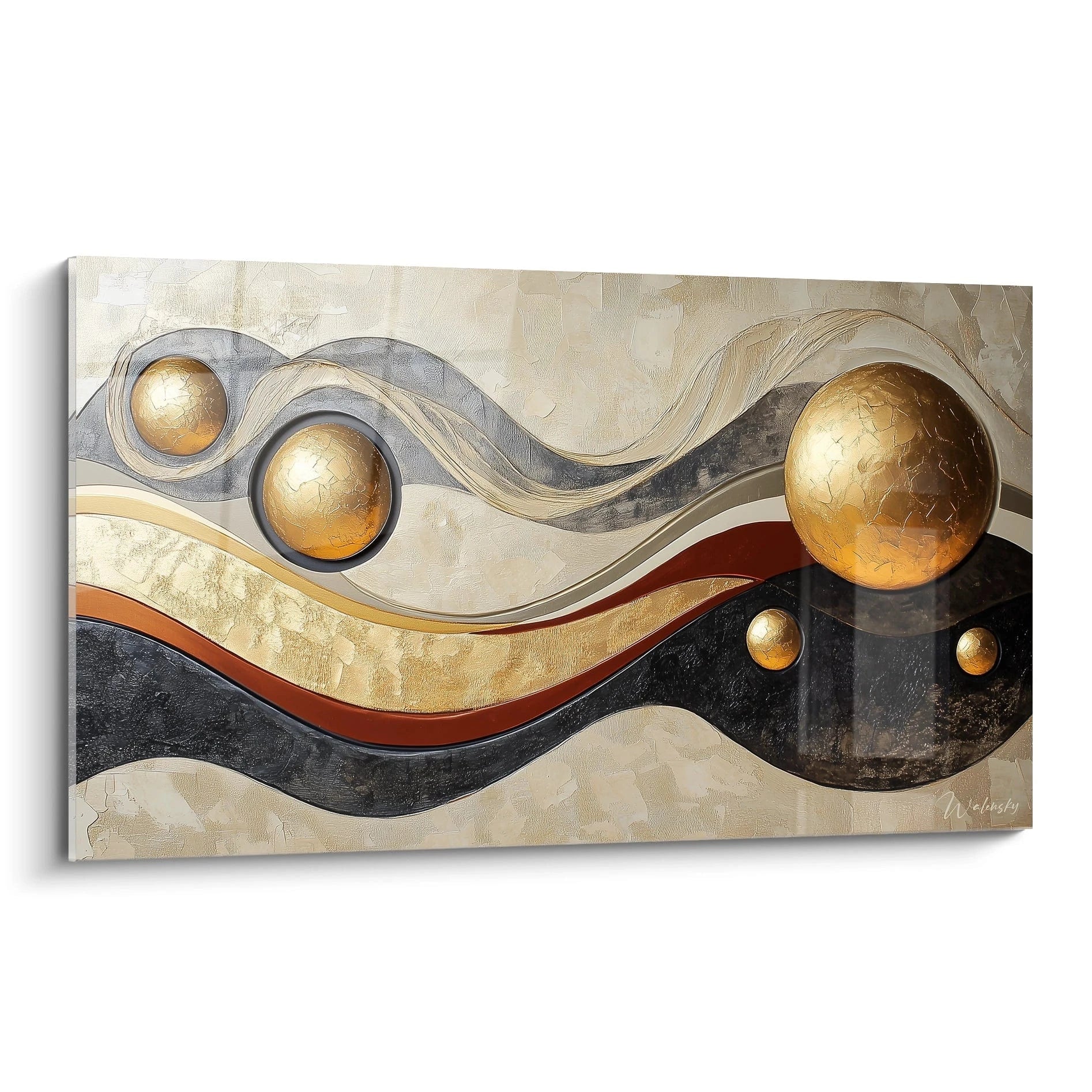 Tableau africain mural Walensky avec sphères dorées et motifs abstraits en tons beige noir et rouge