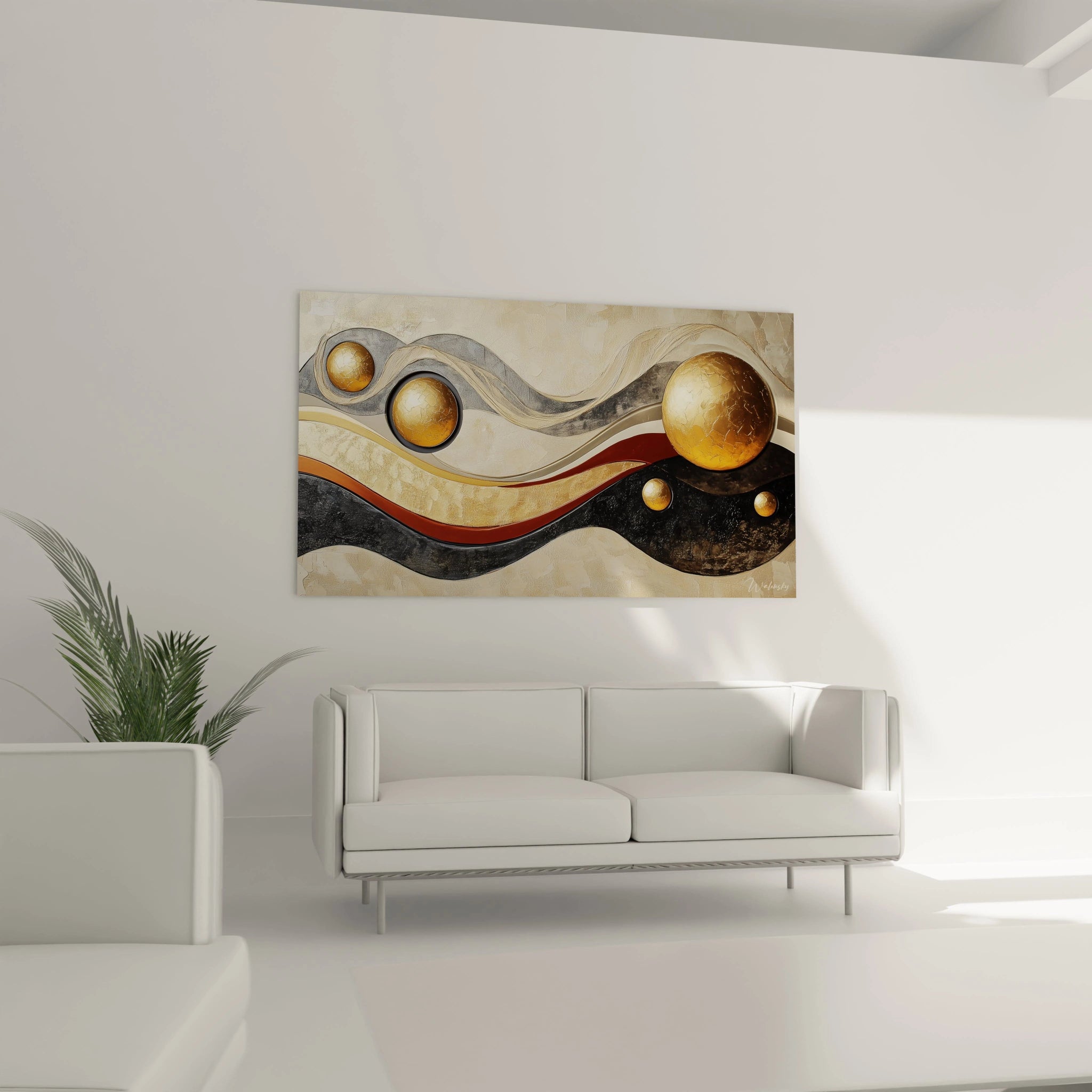 Tableau africain mural Walensky avec motifs sphériques dorés et formes ondulées colorées dans un salon moderne