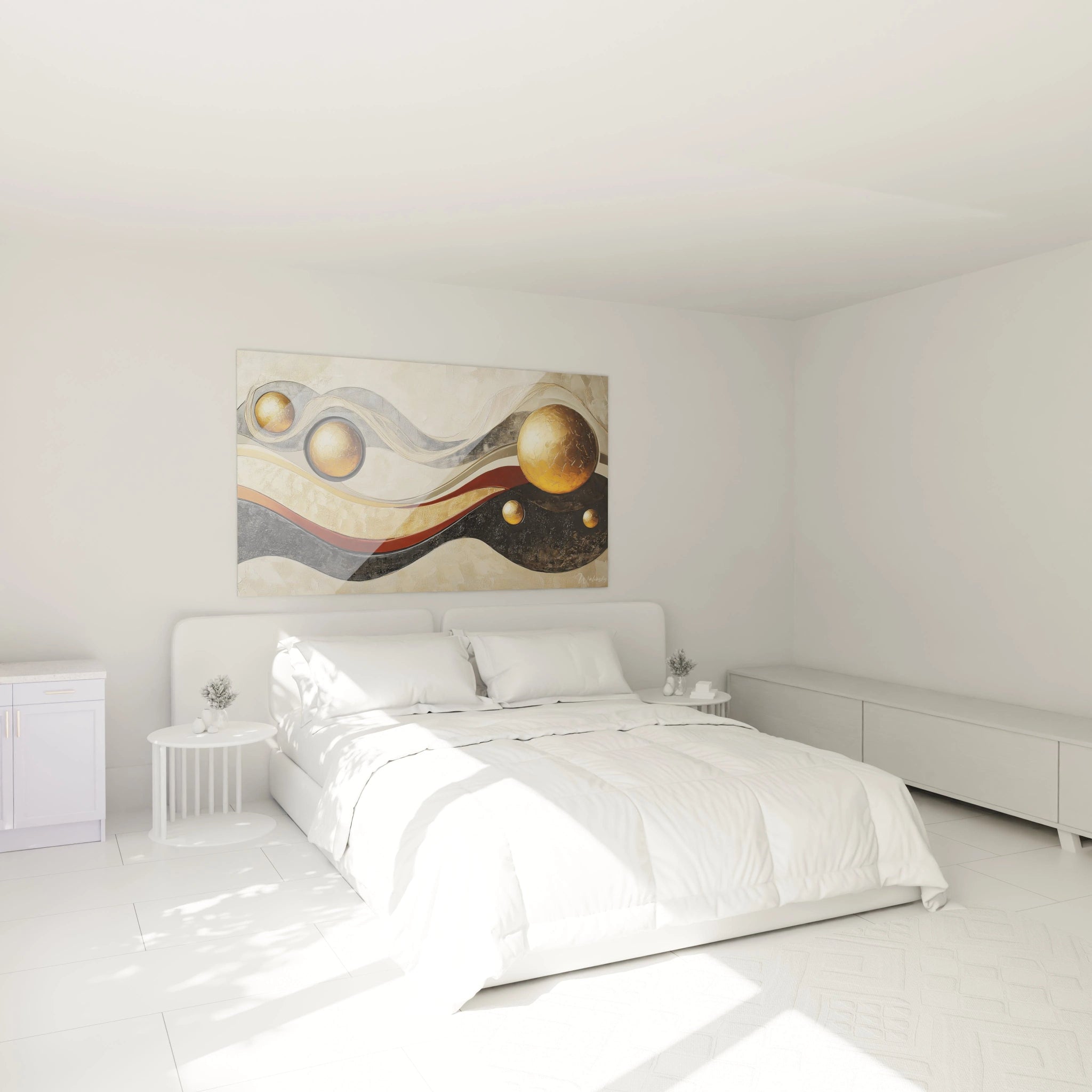 Tableau africain mural Walensky avec motifs dorés et formes sphériques dans une chambre moderne