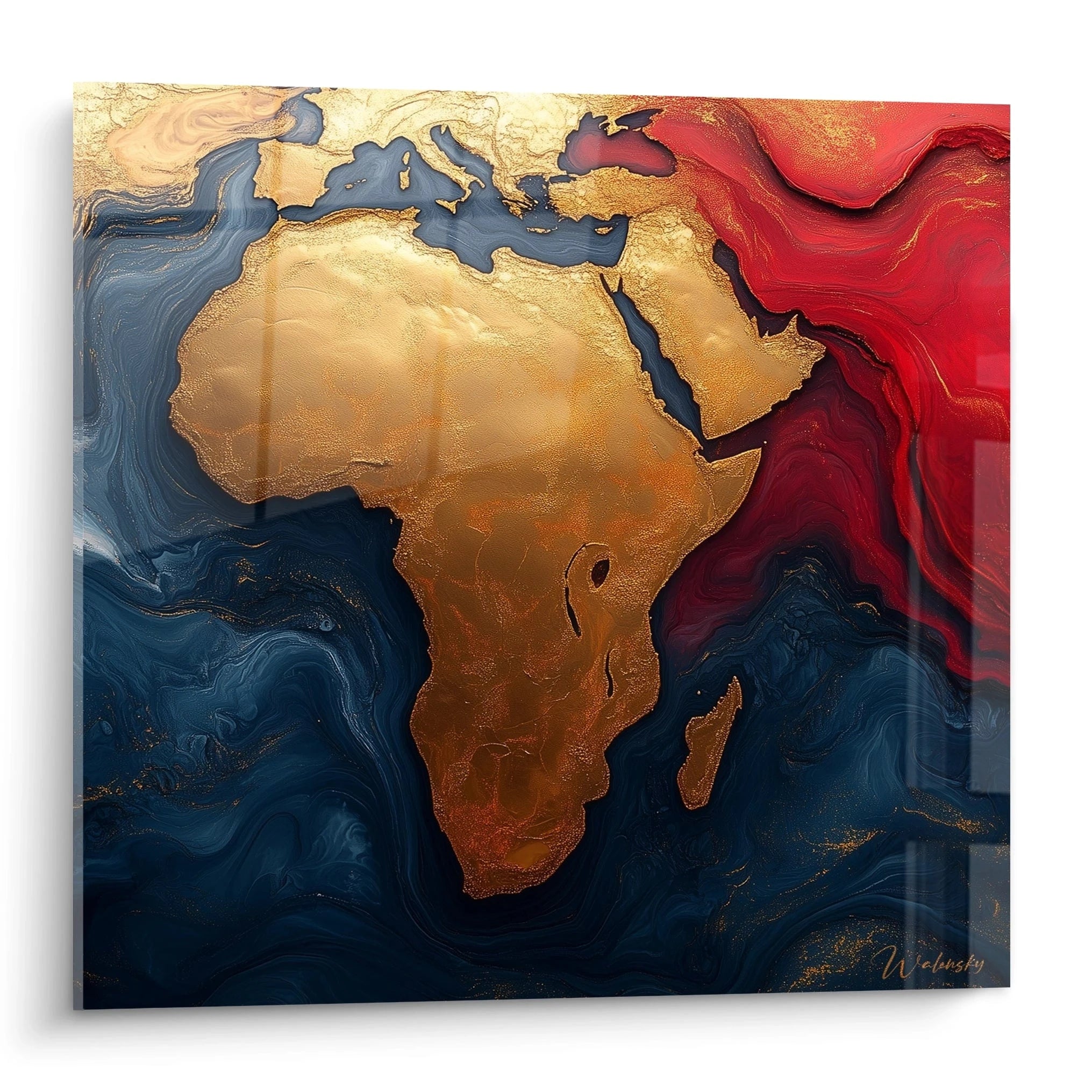 Tableau africain mural de Walensky avec carte de l'Afrique en tons dorés et fond coloré abstrait