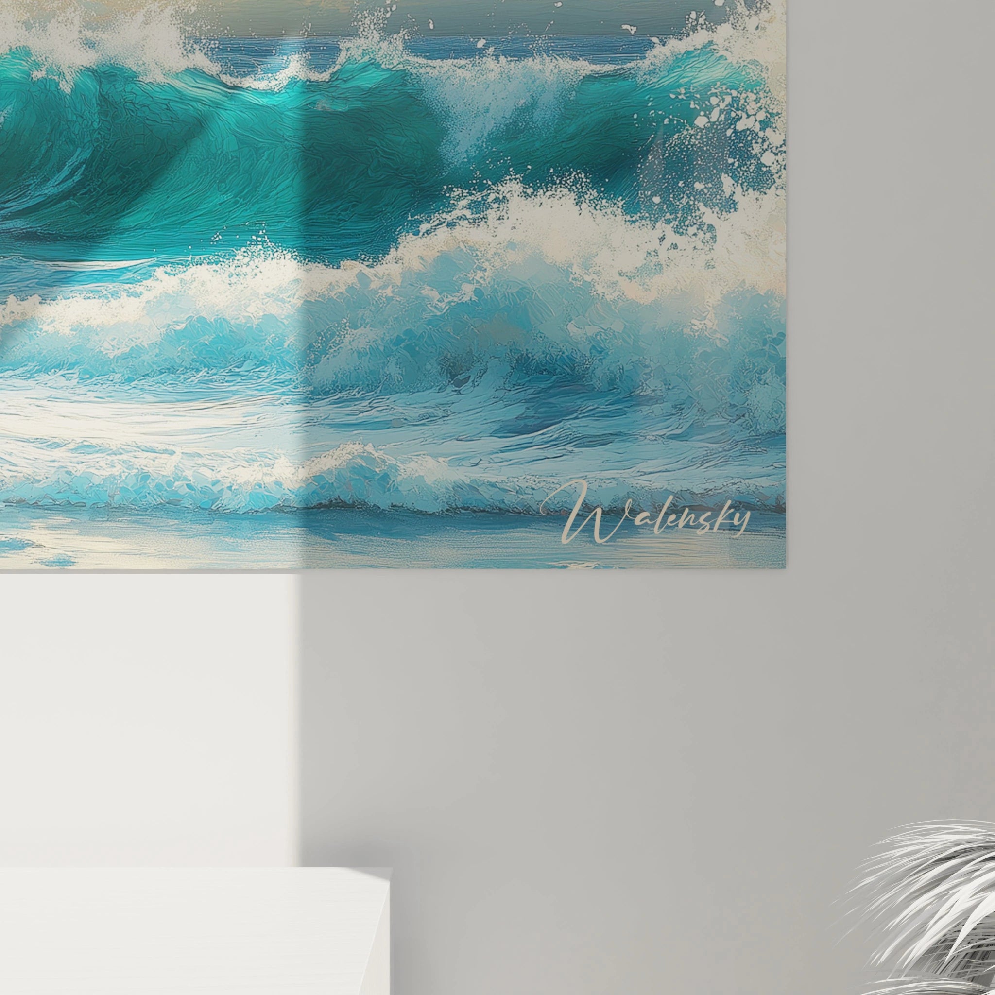 Un tableau mer détaillé illustrant la rencontre entre l'océan turquoise et des formations rocheuses verticales, sous un ciel aux nuages majestueux, avec un jeu de lumière créant des zones d'ombre et de clarté sur l'ensemble de la composition marine.