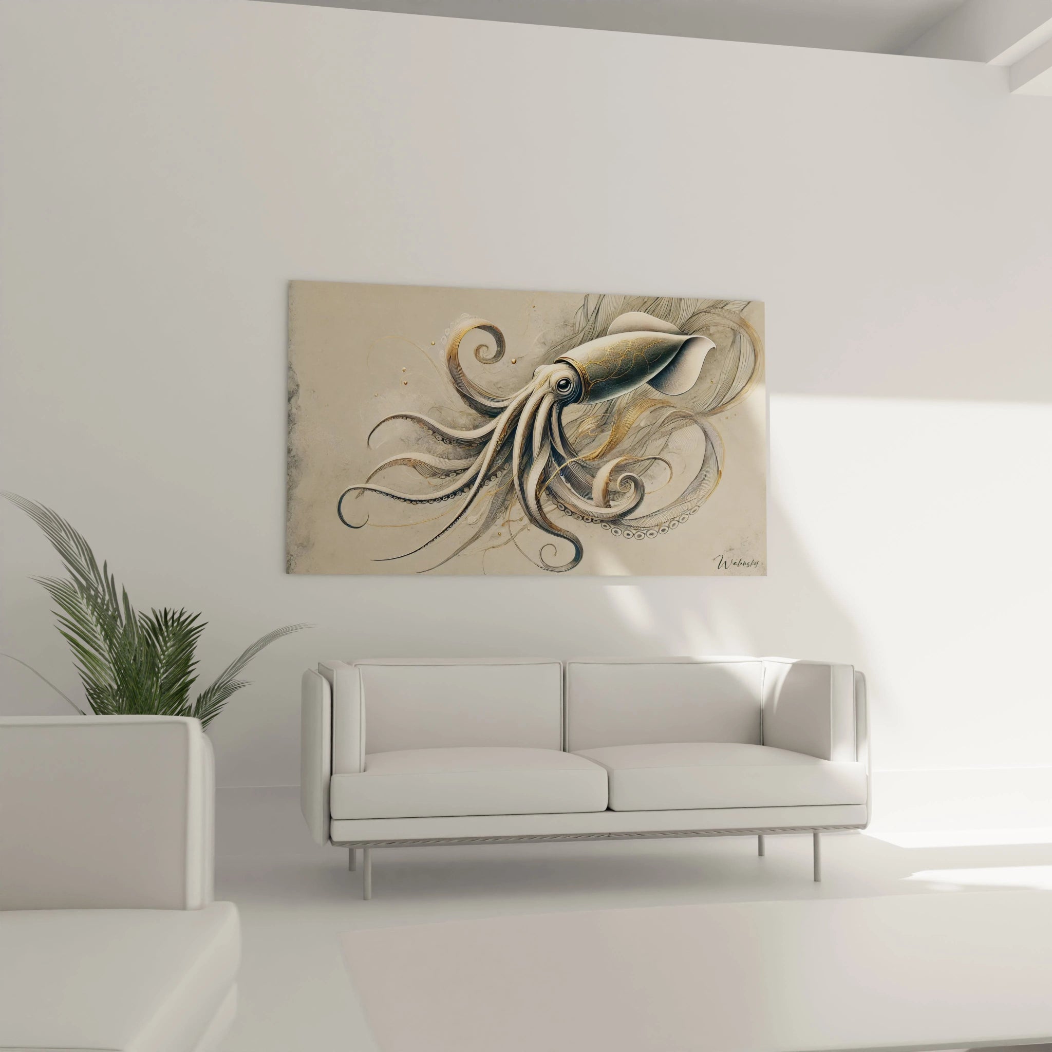 tableau calamar geant dans un salon moderne, accroche au dessus d un canape. Les details fins des tentacules dorées et les teintes douces apportent une touche d elegance contemporaine