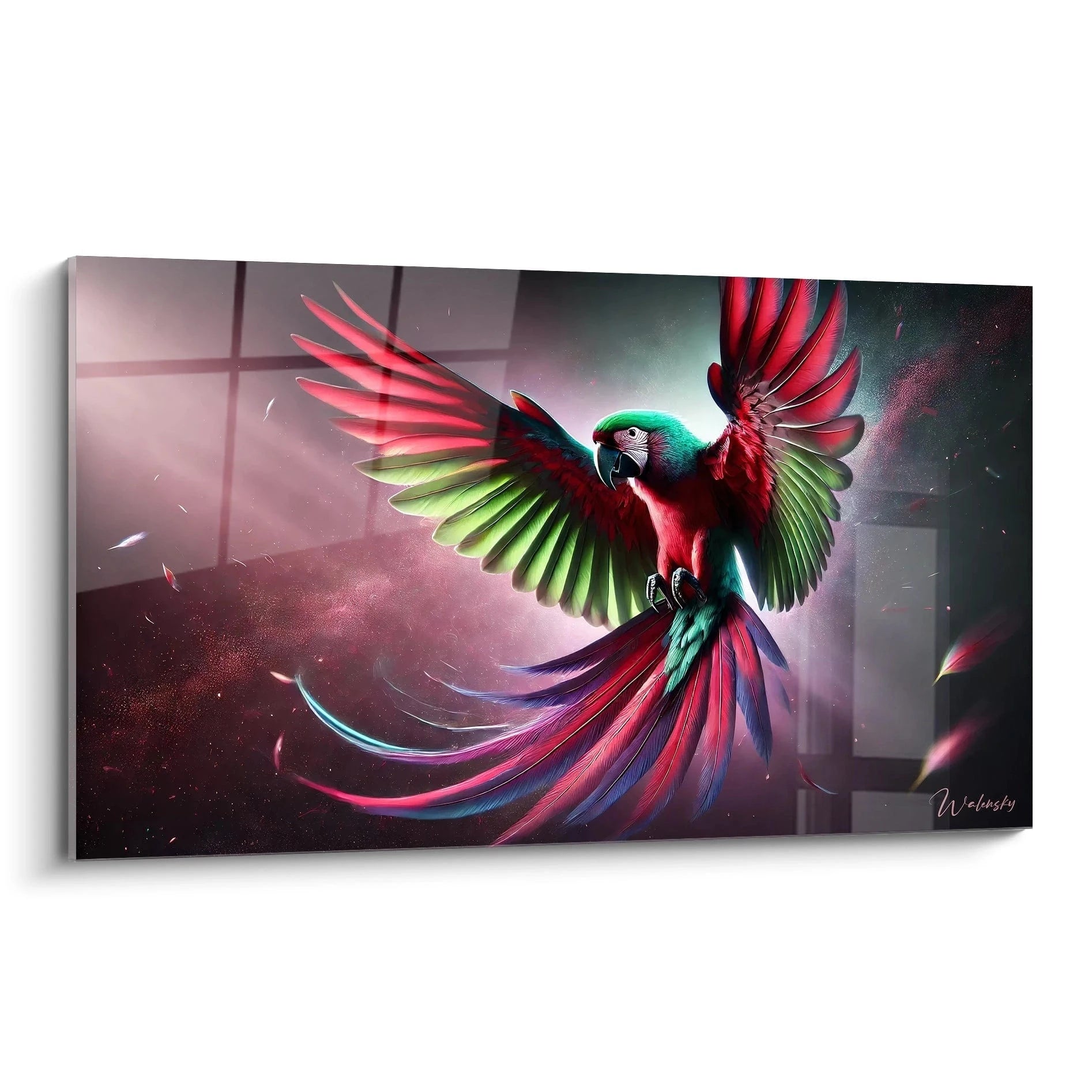Ce tableau perroquet vibrant capture un oiseau en plein vol, ses ailes déployées dans un mouvement majestueux. Une œuvre colorée idéale pour une décoration murale moderne et audacieuse.