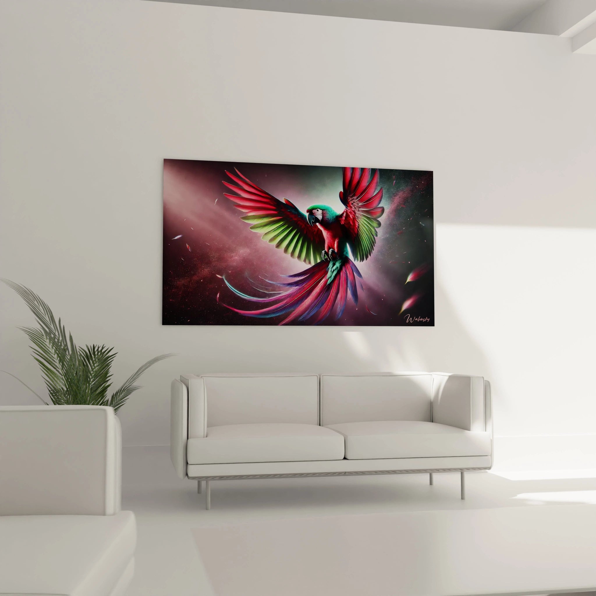 Ce tableau perroquet ajoute une touche d exotisme à votre salon, accroché au-dessus du canapé. Une décoration vibrante et dynamique qui capte instantanément l’attention.