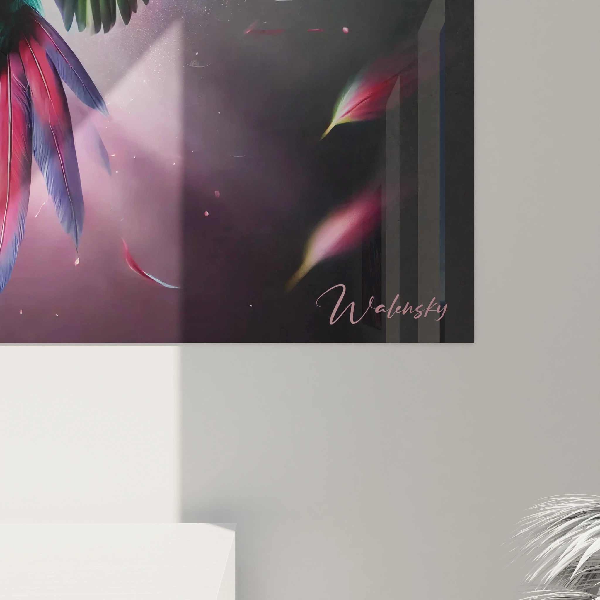 Découvrez de près les détails texturés et lumineux de ce tableau perroquet. Le plumage finement travaillé et les jeux de lumière donnent vie à cette œuvre captivante et énergisante.