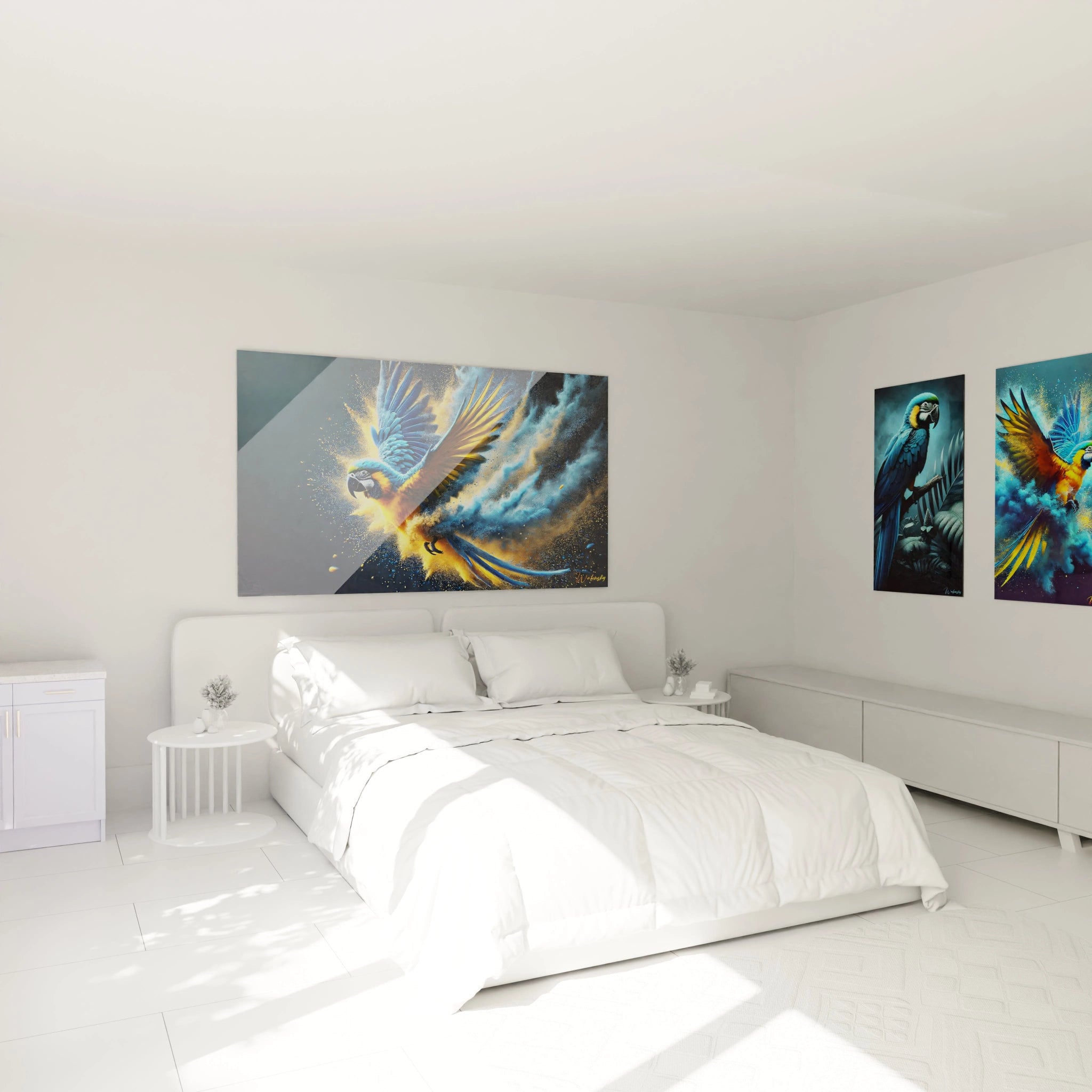 Apportez du dynamisme à votre chambre avec ce tableau perroquet vibrant. Accroché au-dessus du lit, il transformera l'ambiance en créant une atmosphère vivante et pleine d'énergie naturelle.