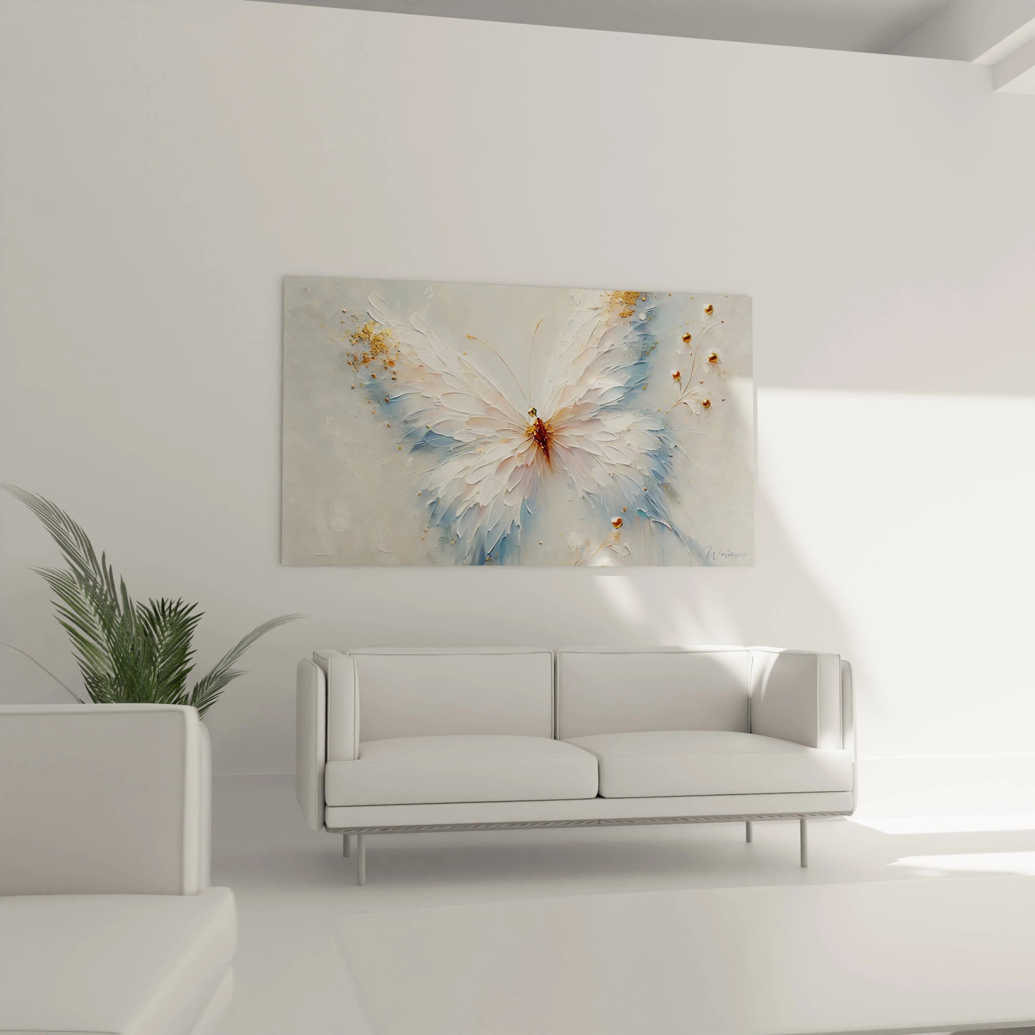 Tableau papillon accroché au mur du salon, au-dessus du canapé, avec une palette subtile de blanc, beige et or. Une œuvre qui illumine l'espace avec des textures et un éclat délicat, créant une ambiance accueillante.