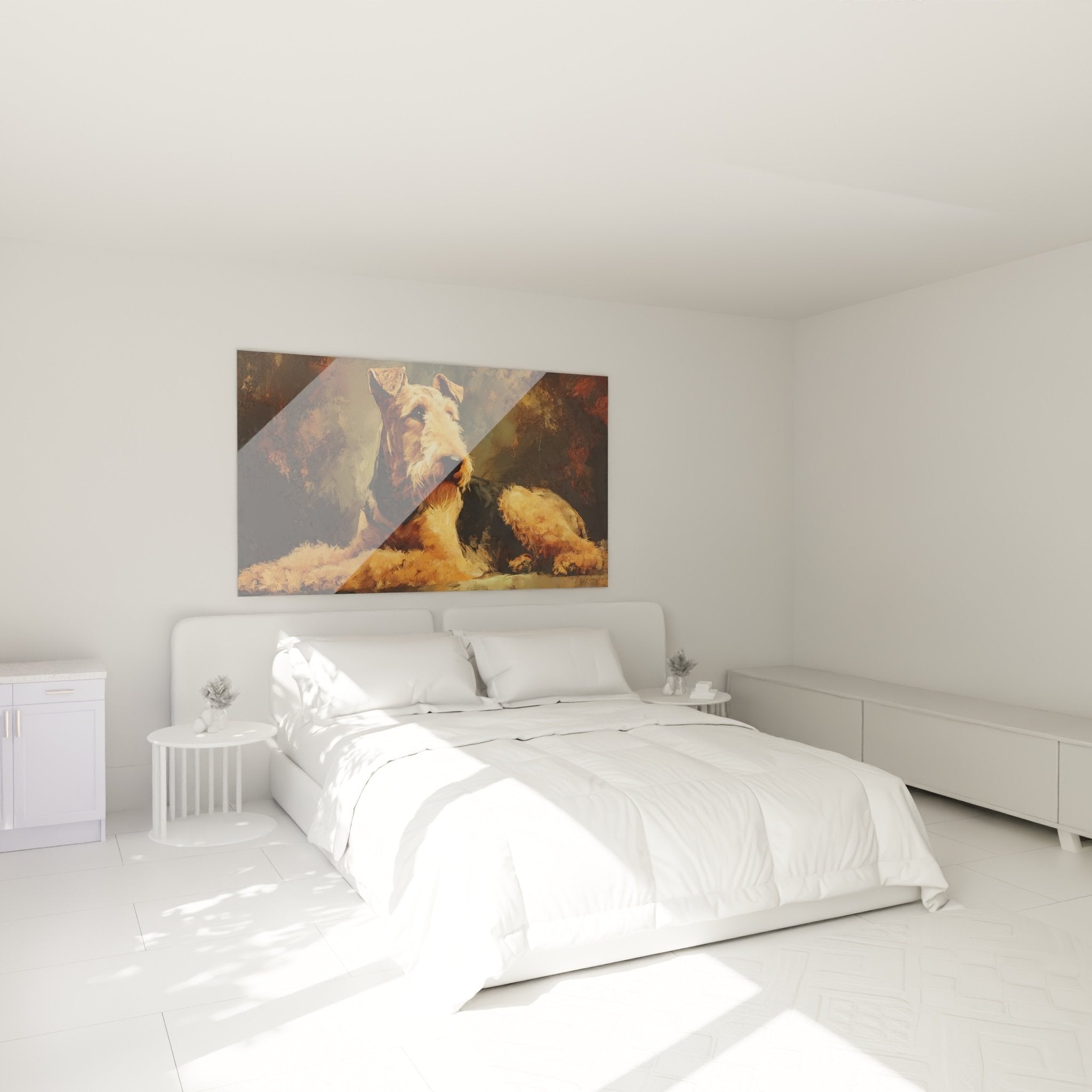 Airedale Terrier Kunstwerk im Schlafzimmer mit beigen Wänden, dunklem Holzmobiliar und warmer Dekoration