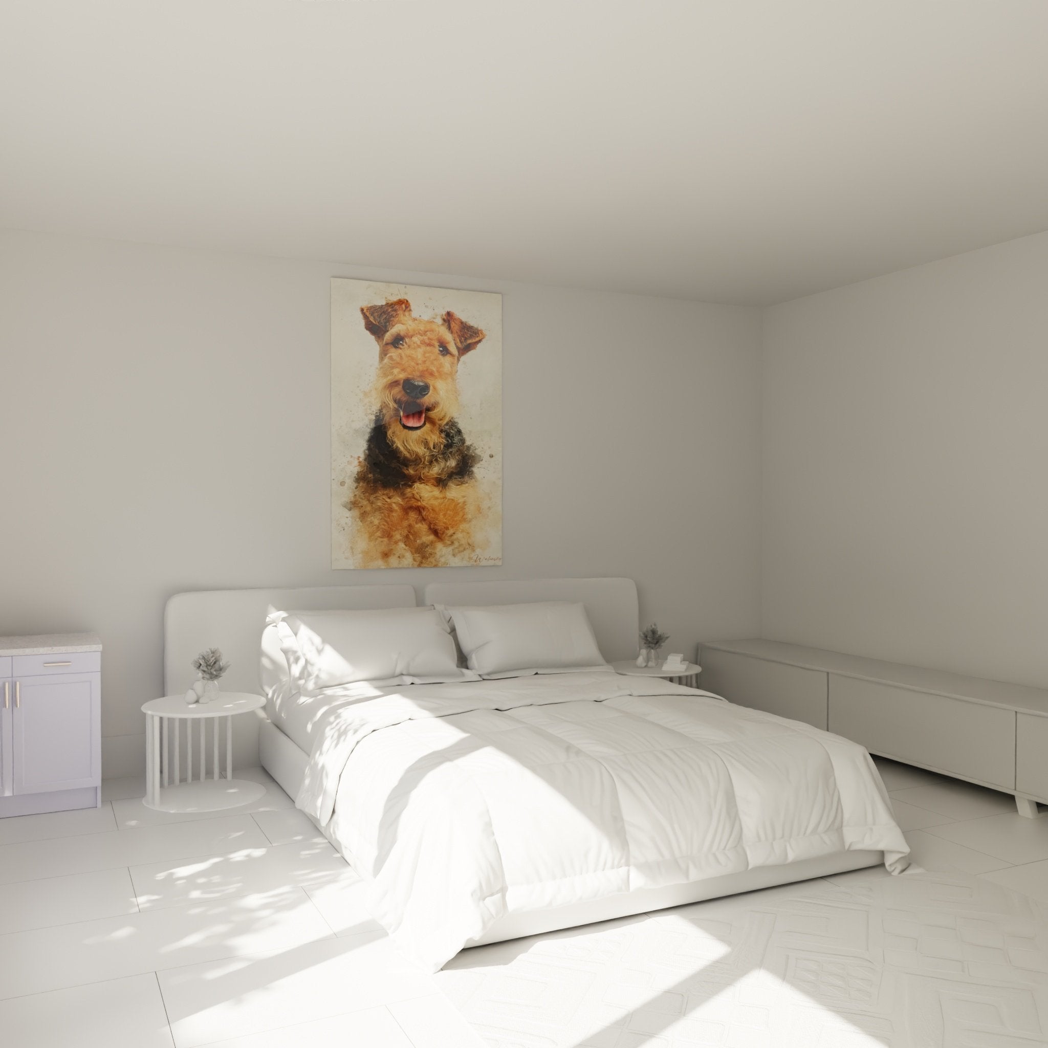 Hundeporträt Airedale Terrier fröhlich dekoriert modernes Schlafzimmer weiße Wand Holzmöbel