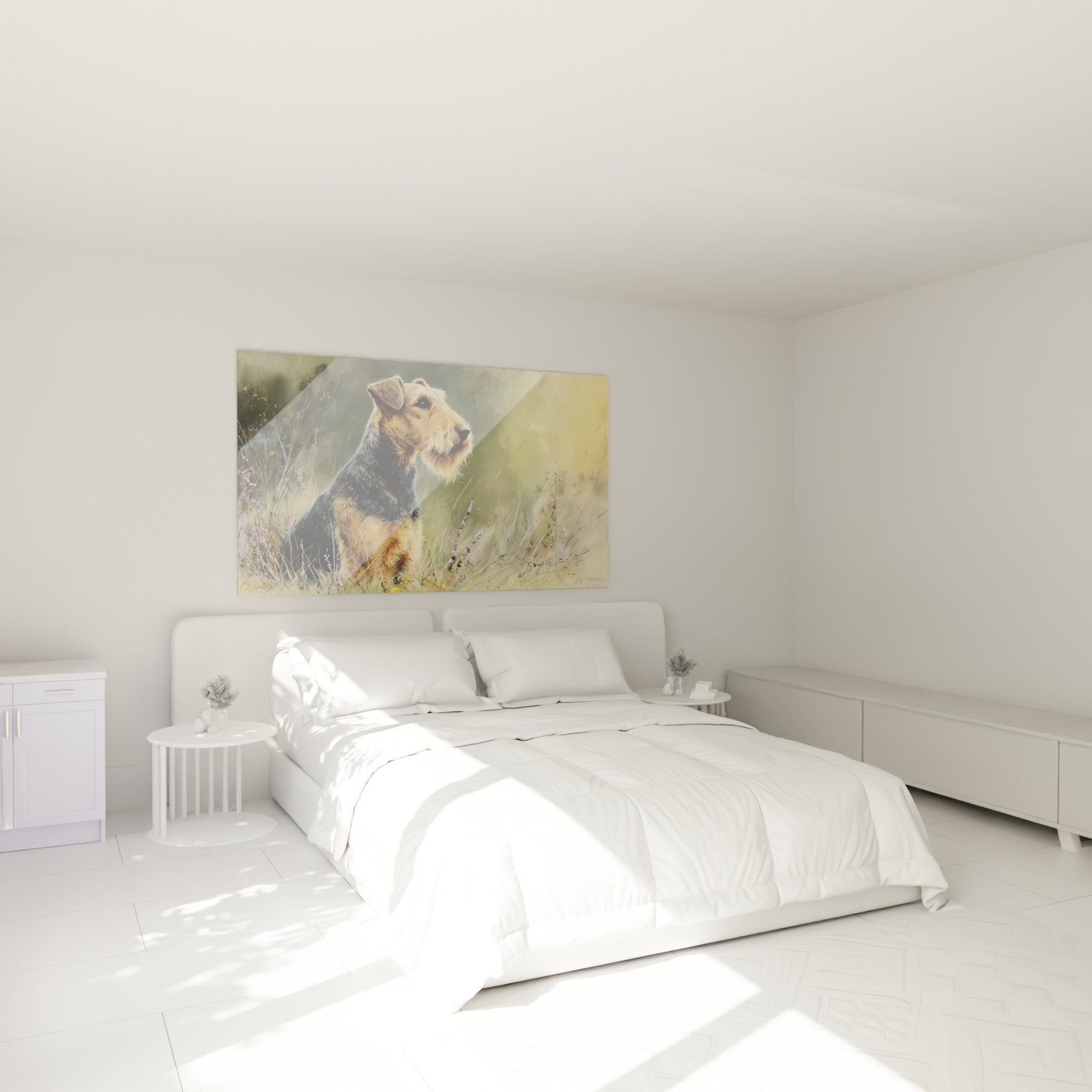 Tableau Airedale Terrier tons dores accroche au mur chambre decoration murale chaleureuse portrait chien