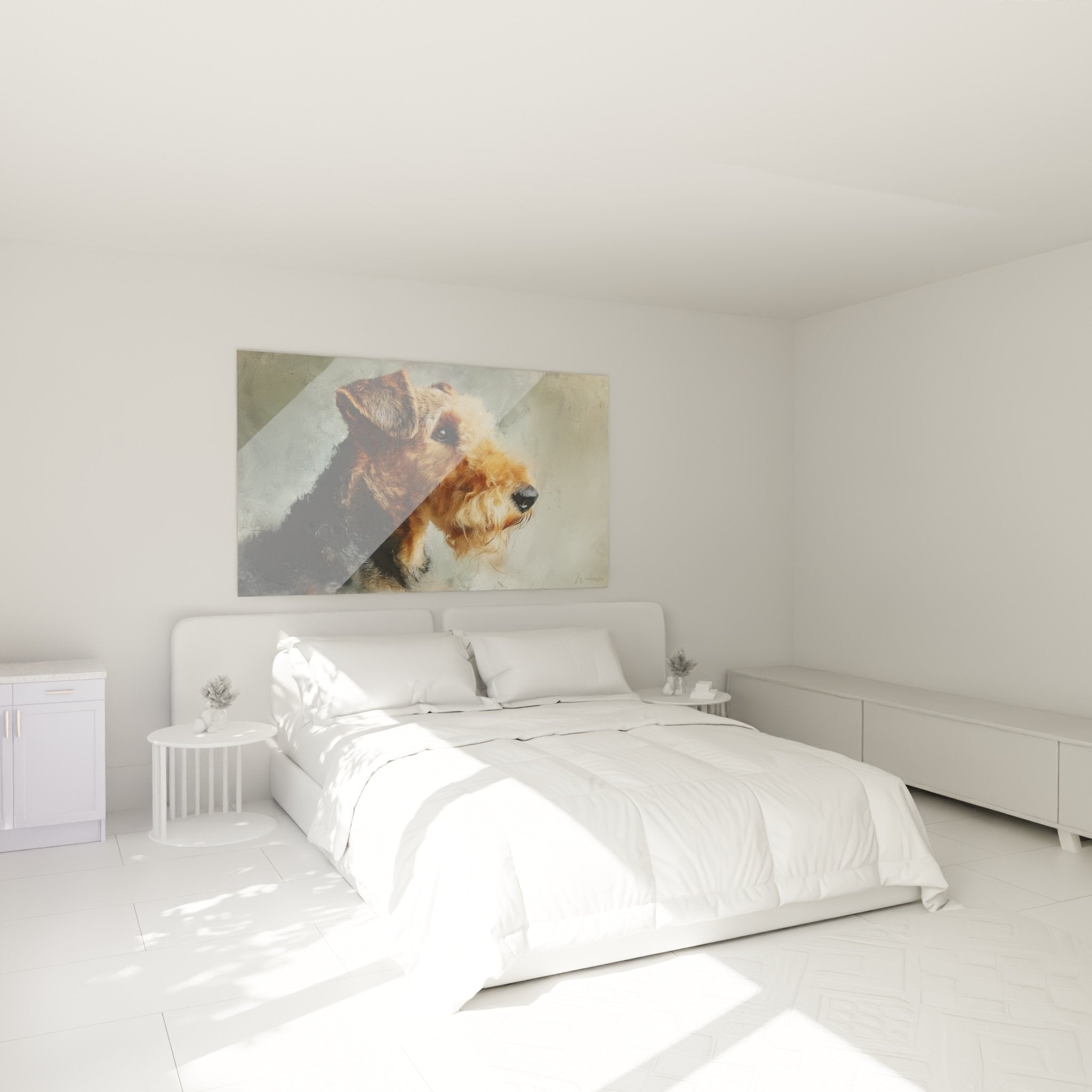 Tableau Airedale Terrier tons dorés dans chambre décoration murale chaleureuse