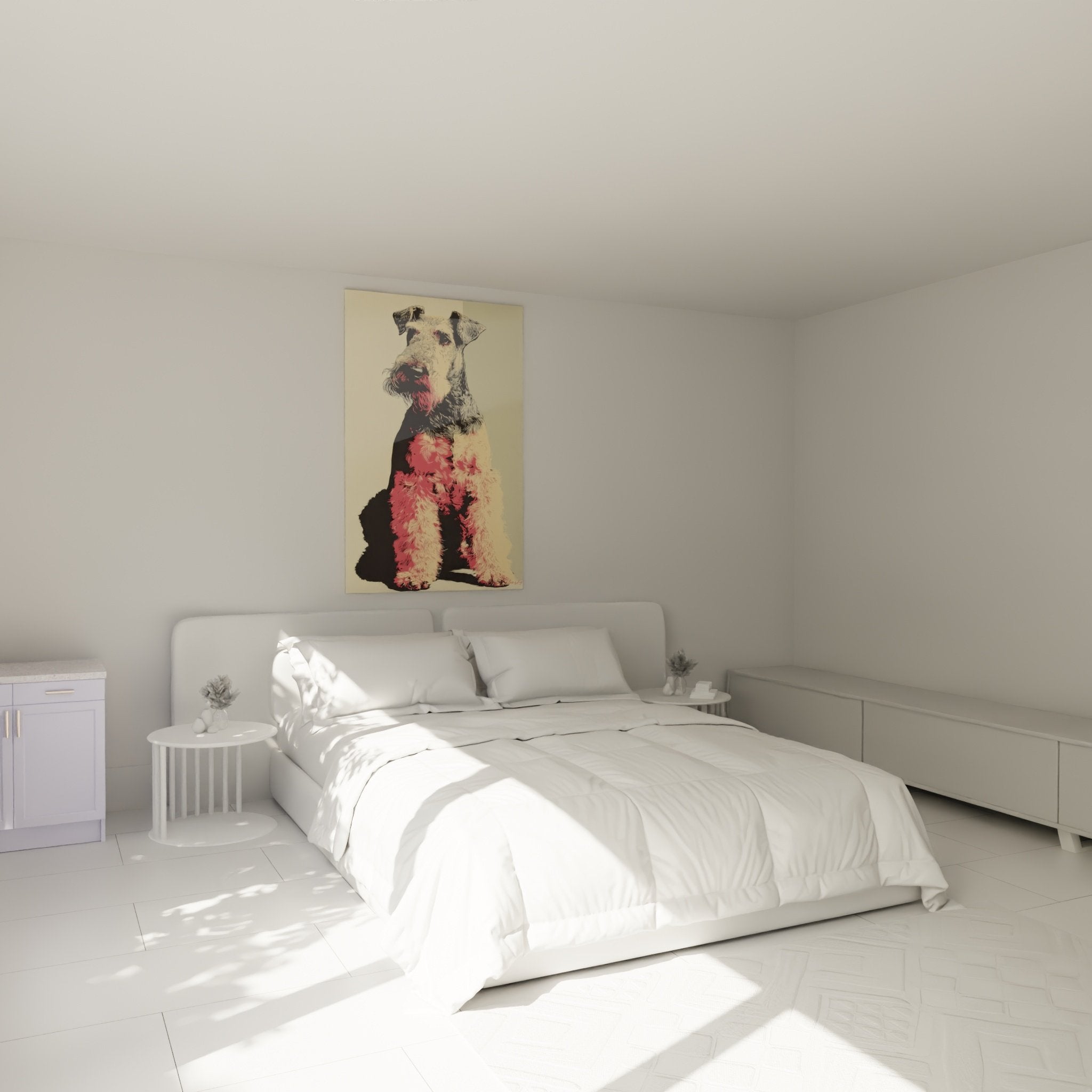 Airedale Terrier Wandbild in Rosa-Tönen in einem modernen Schlafzimmer mit neutraler und eleganter Dekoration