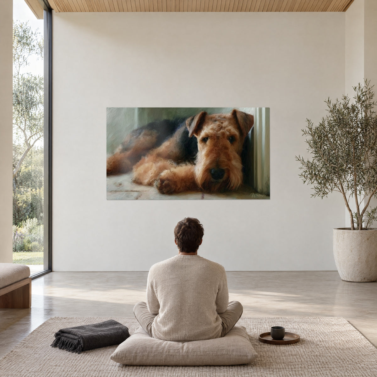 Cuadro terrier de pelo rizado leonado y negro, una pata delantera apoyada frente a él, fondo verde pálido, hombre de espaldas sentado en meditación