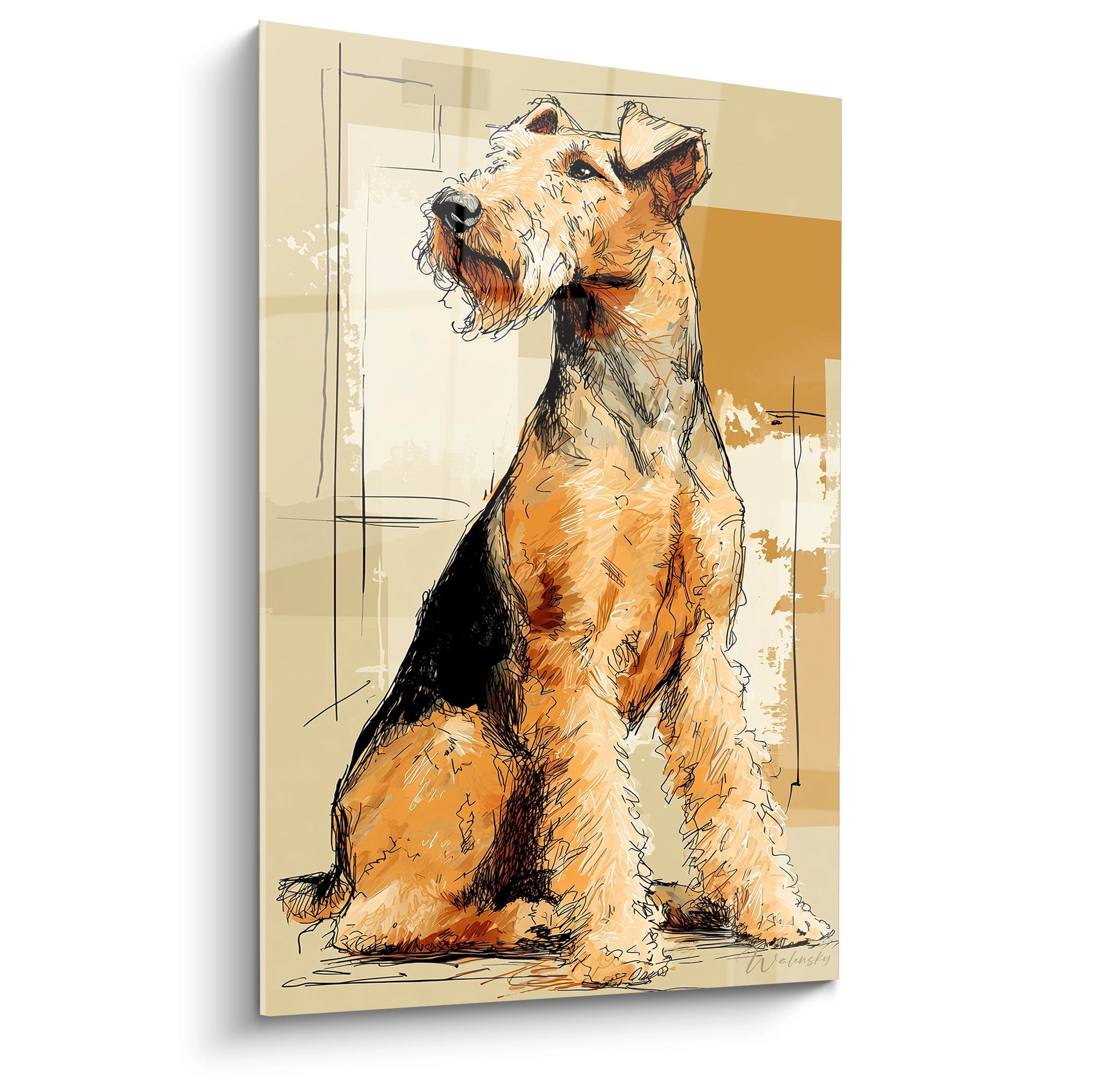 Airedale Terrier Porträt Gemälde sitzend mit gehobenem Blick in Ocker-Beige-Tönen expressiver künstlerischer Stil Wanddekoration