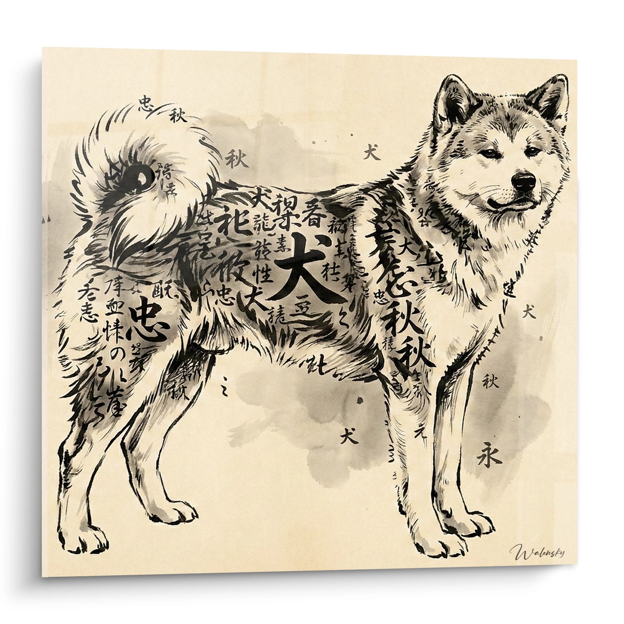 Tableau artistique Akita Inu avec calligraphie japonaise sur fond beige style traditionnel